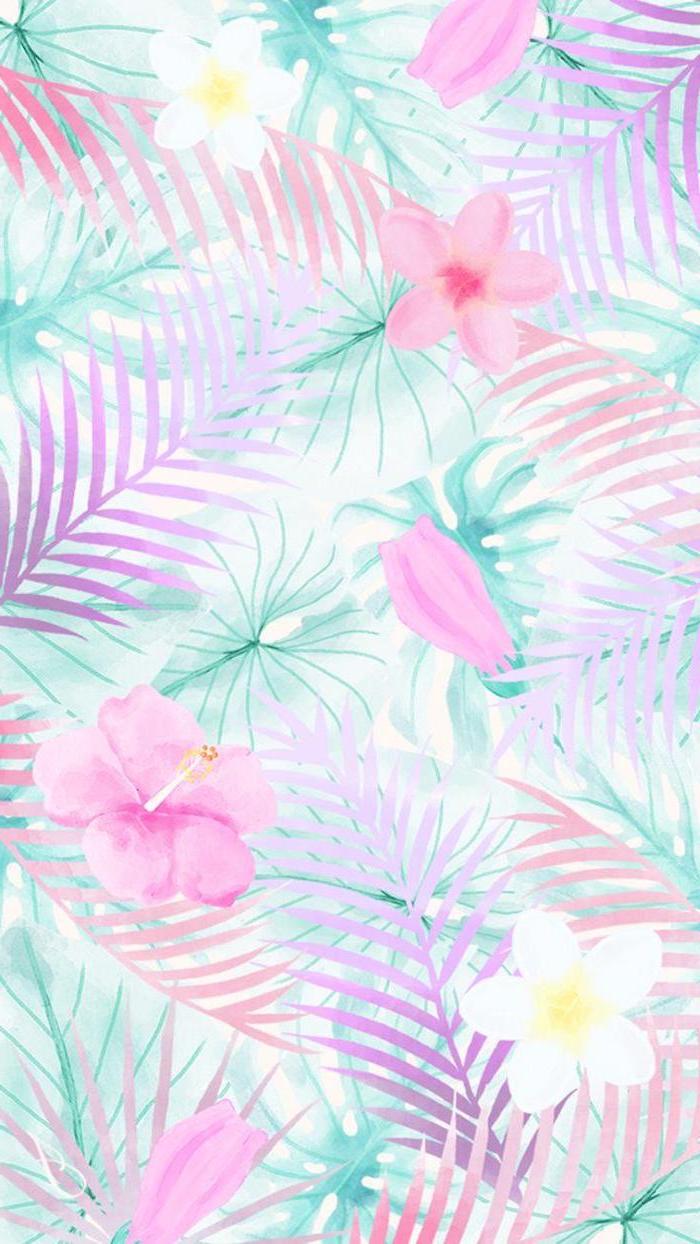 Foglie tropicali e fiori pastello, 700x1244 Verticale, Telefono