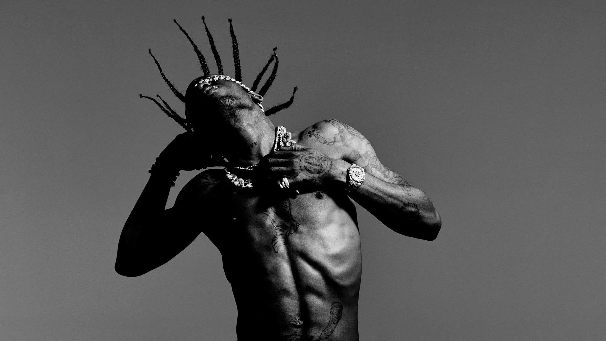 Travis Scott ritratto bianco nero, 2048x1152 alta risoluzione, iMac