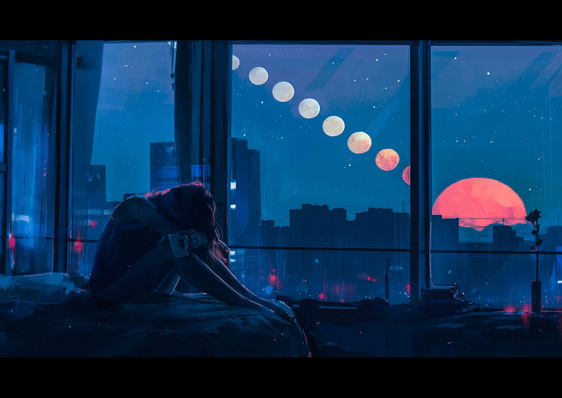 Persona seduta triste finestra notte, 1920x1360 Full HD+, iMac