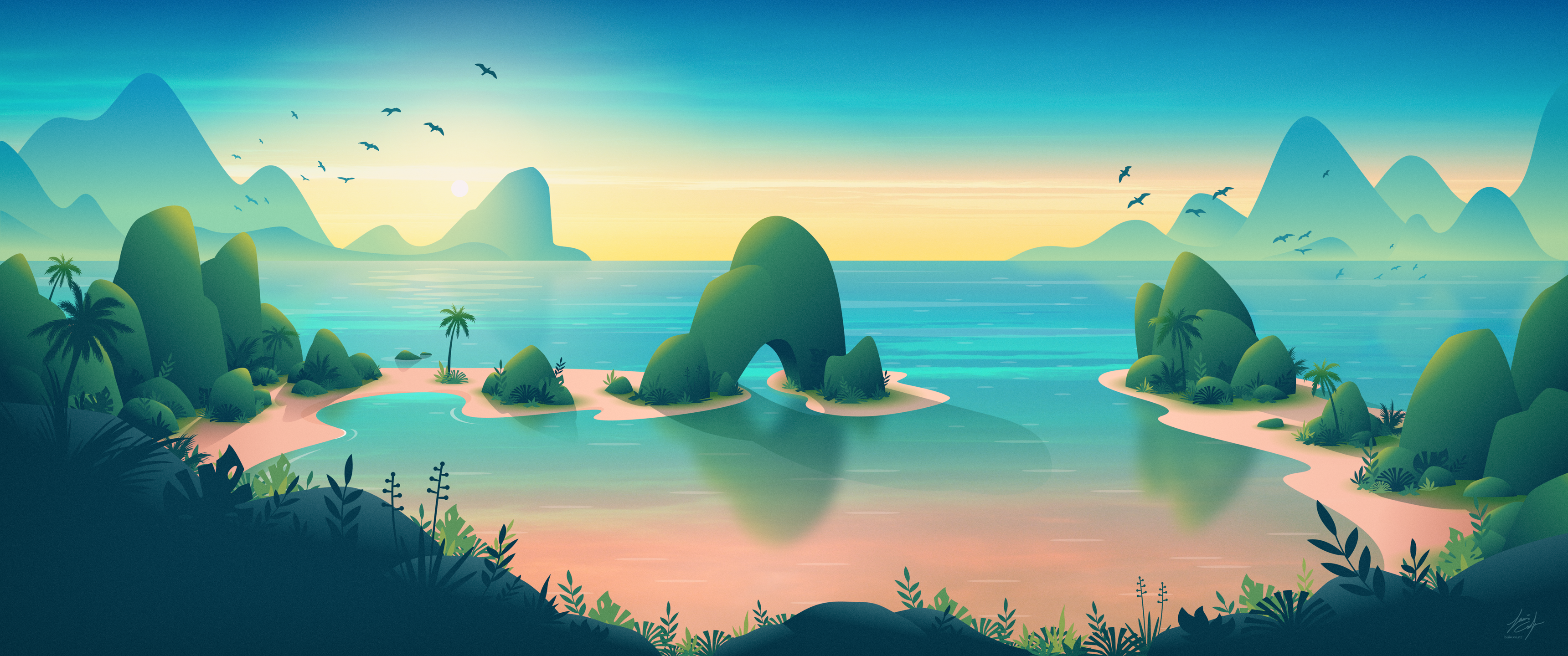 Isole tropicali illustrazione tramonto, 3440x1440 Ultrawide, Dual Monitor