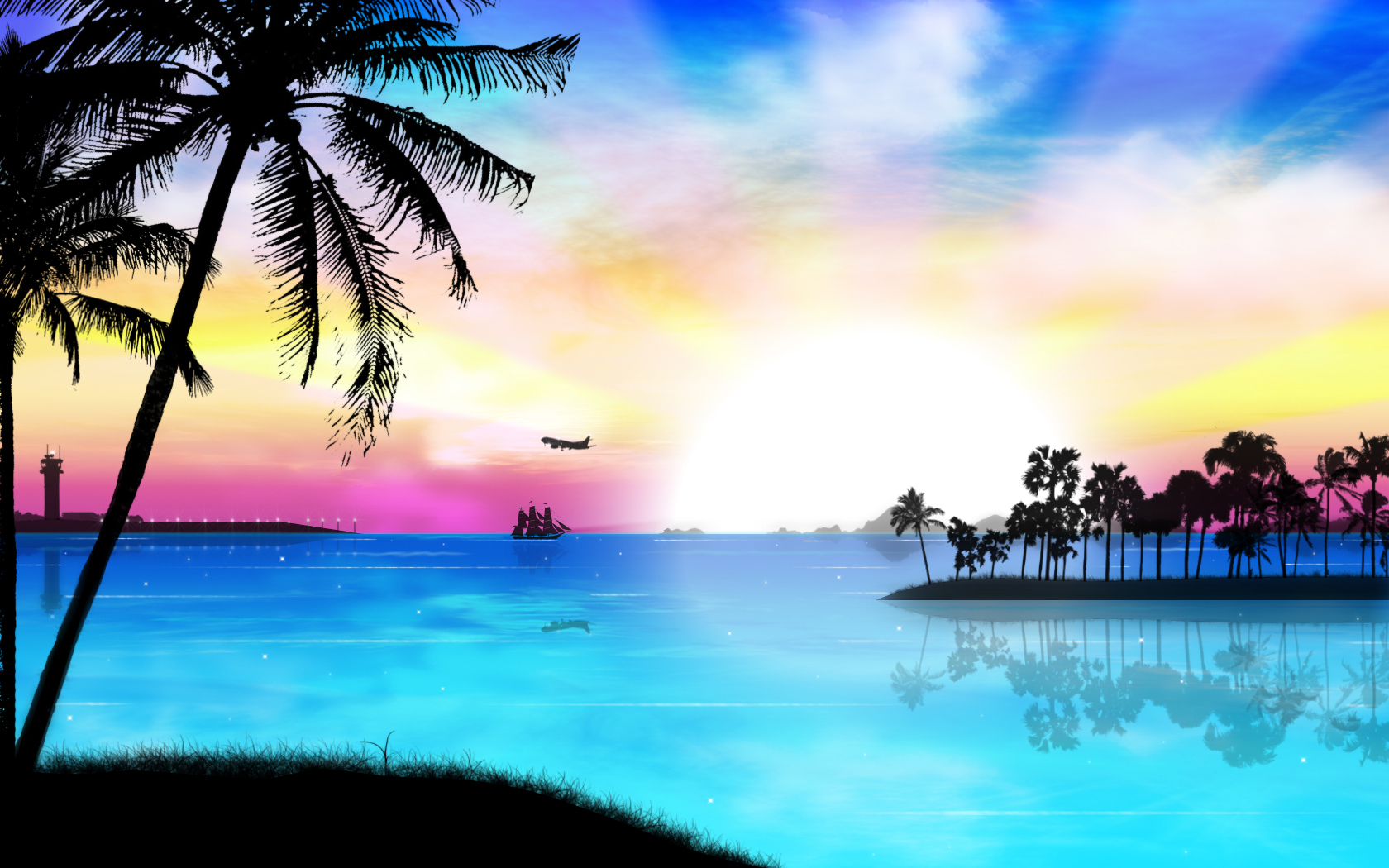 Tramonto tropicale con palme, 1680x1050 HD Ready, Desktop