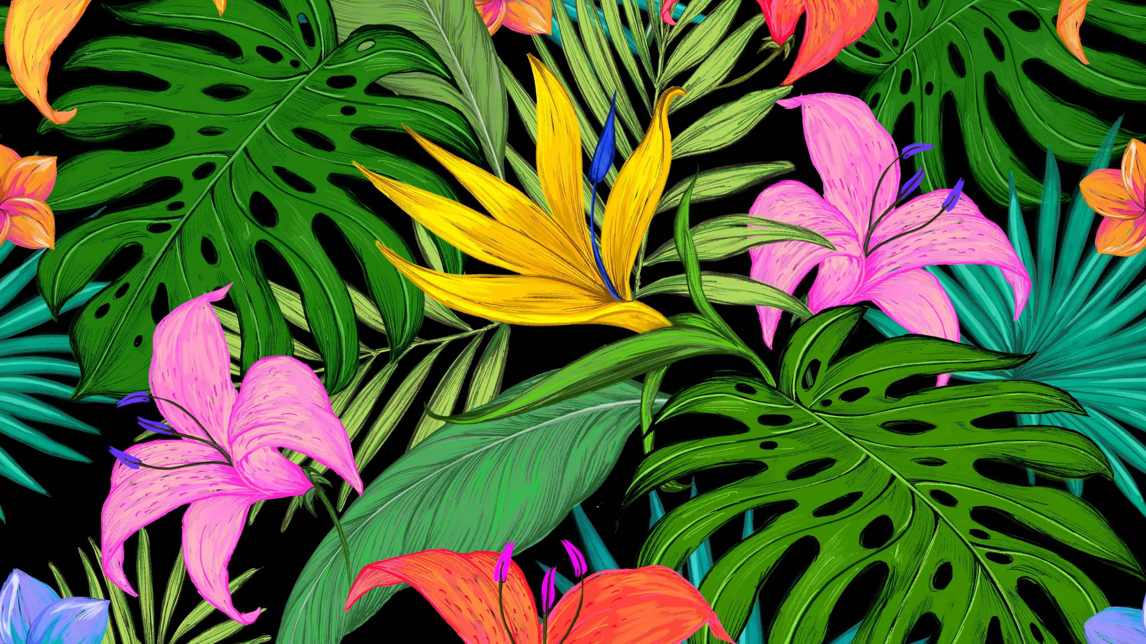 Foglie tropicali e fiori colorati, 3840x2160 4K Ultra HD, Monitor 4K