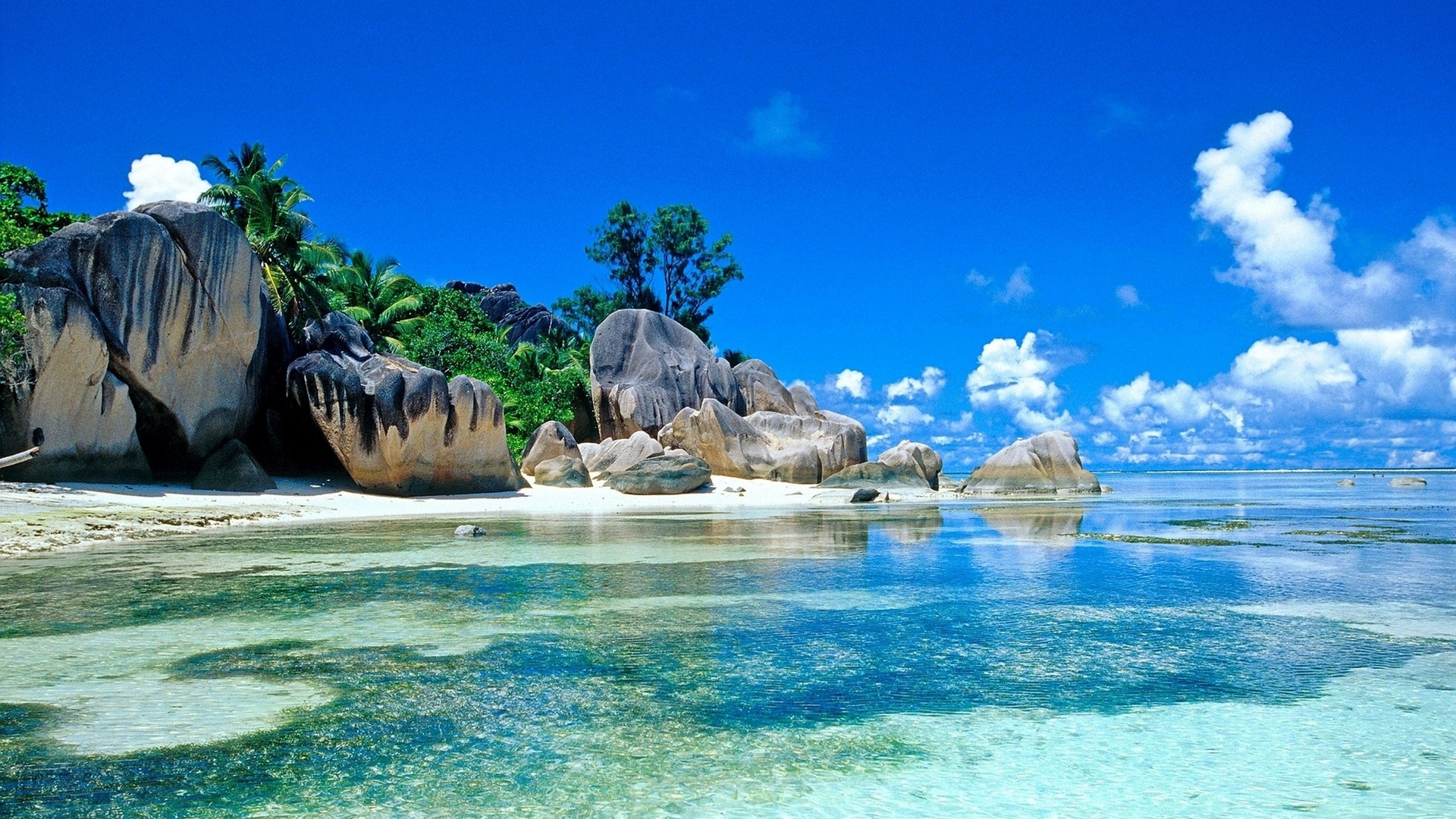 Spiaggia tropicale con rocce e palme, 1920x1080 Full HD 1080p, PC Desktop