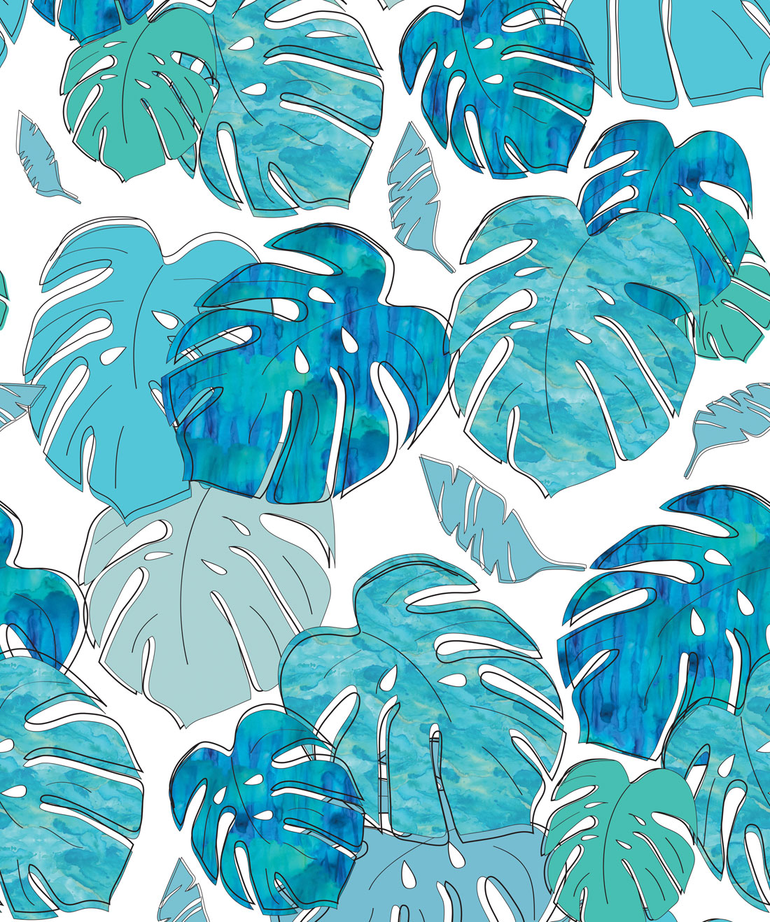 Foglie monstera acquerello blu, 1100x1318 Verticale, Telefono