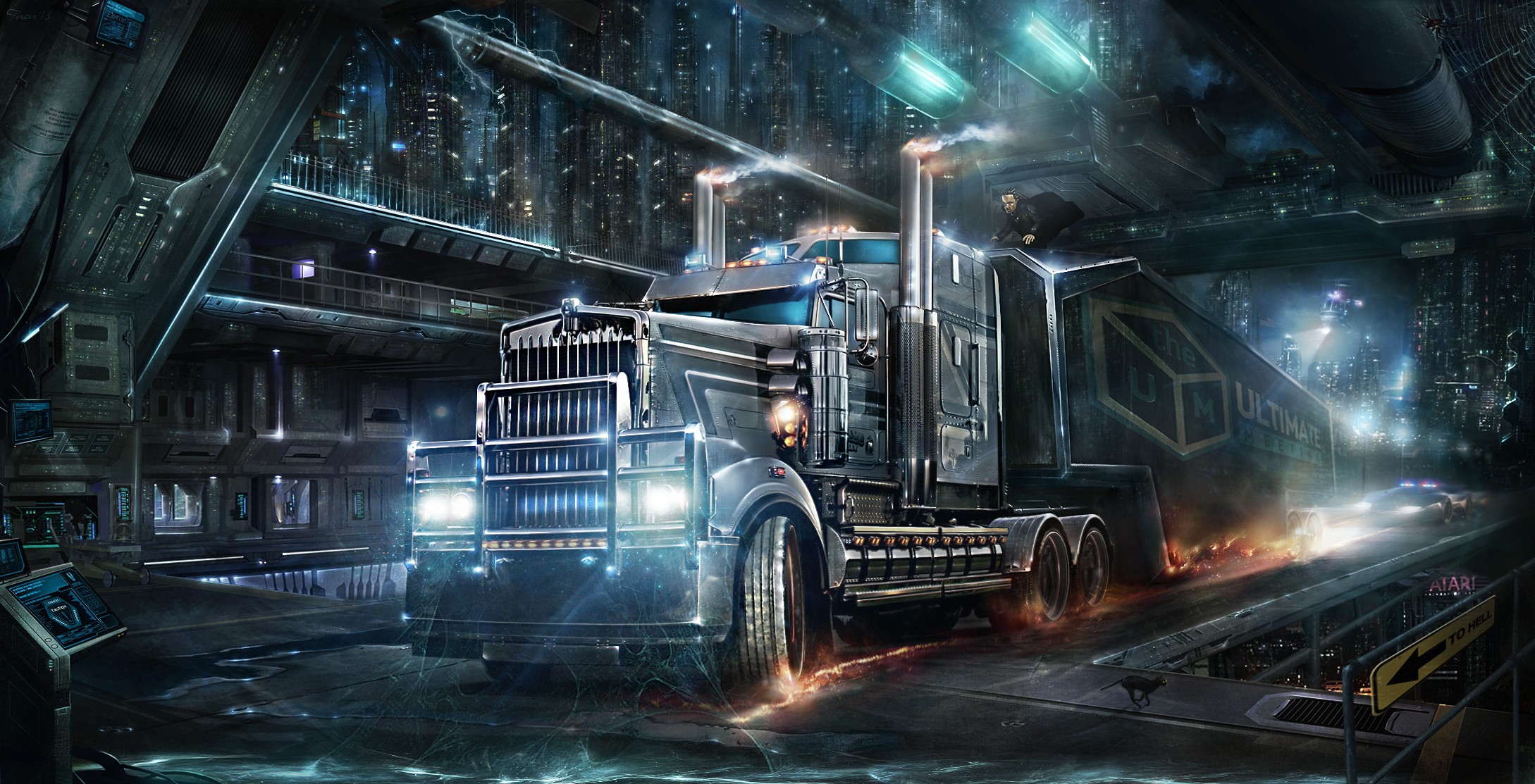 Camion futuristico città notturna, 2178x1113 alta risoluzione, Laptop