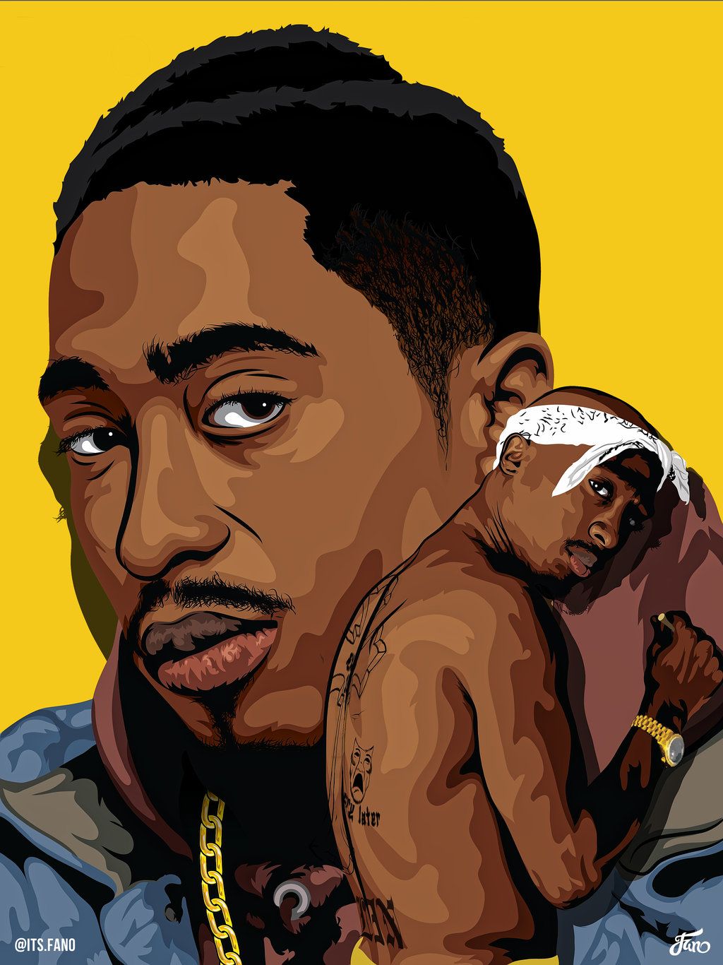 Tupac cartoon ritratto giallo, rapper, 1024x1366 Verticale, Mobile