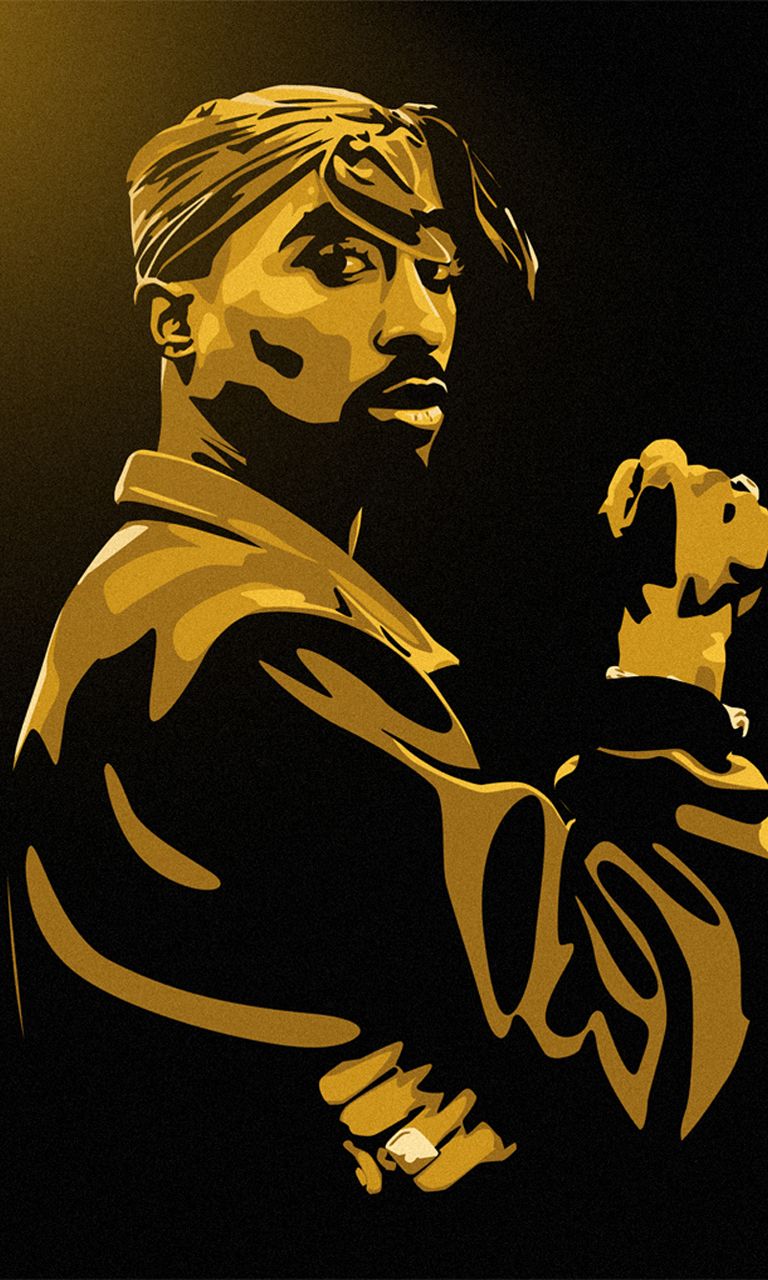 Tupac Shakur cartoon dorato, 768x1280 Verticale, Telefono