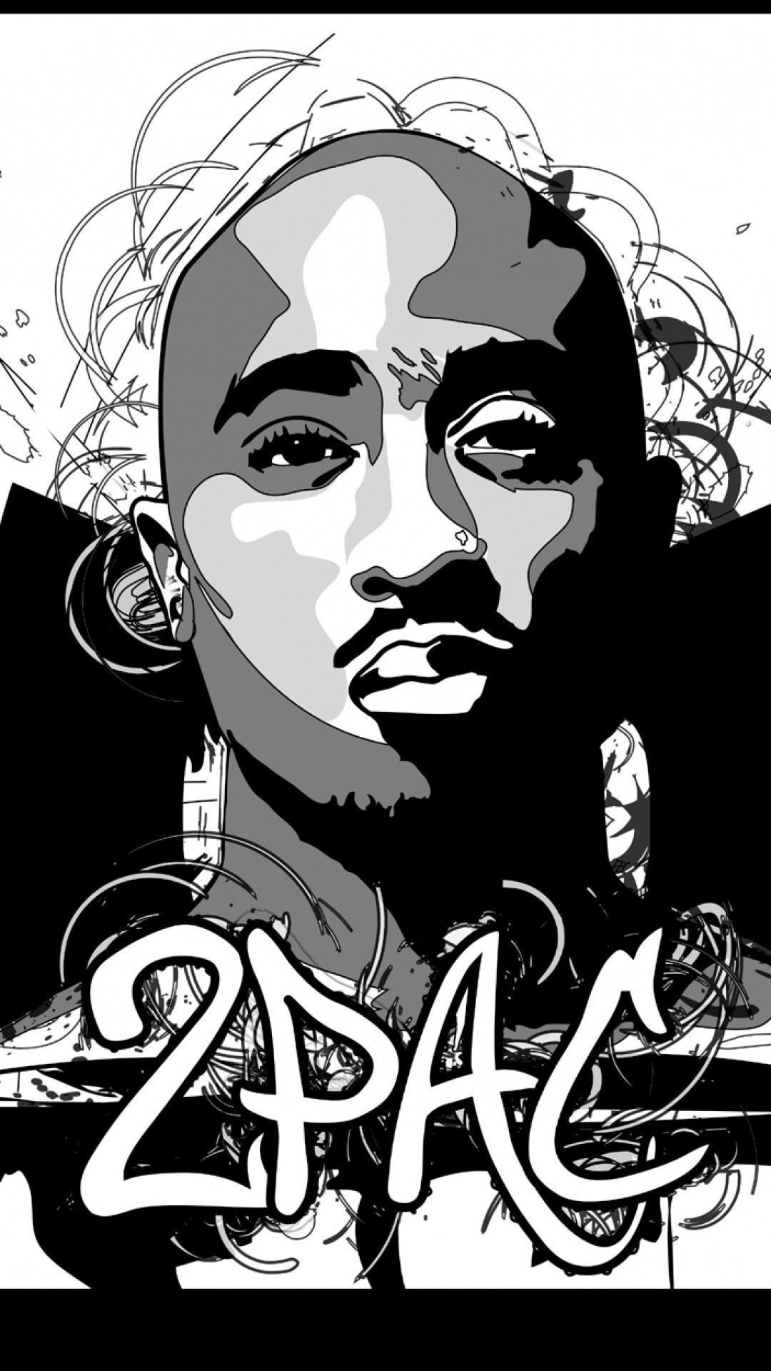 Cartoon Tupac bianco e nero, 1080x1920 Verticale, Telefono