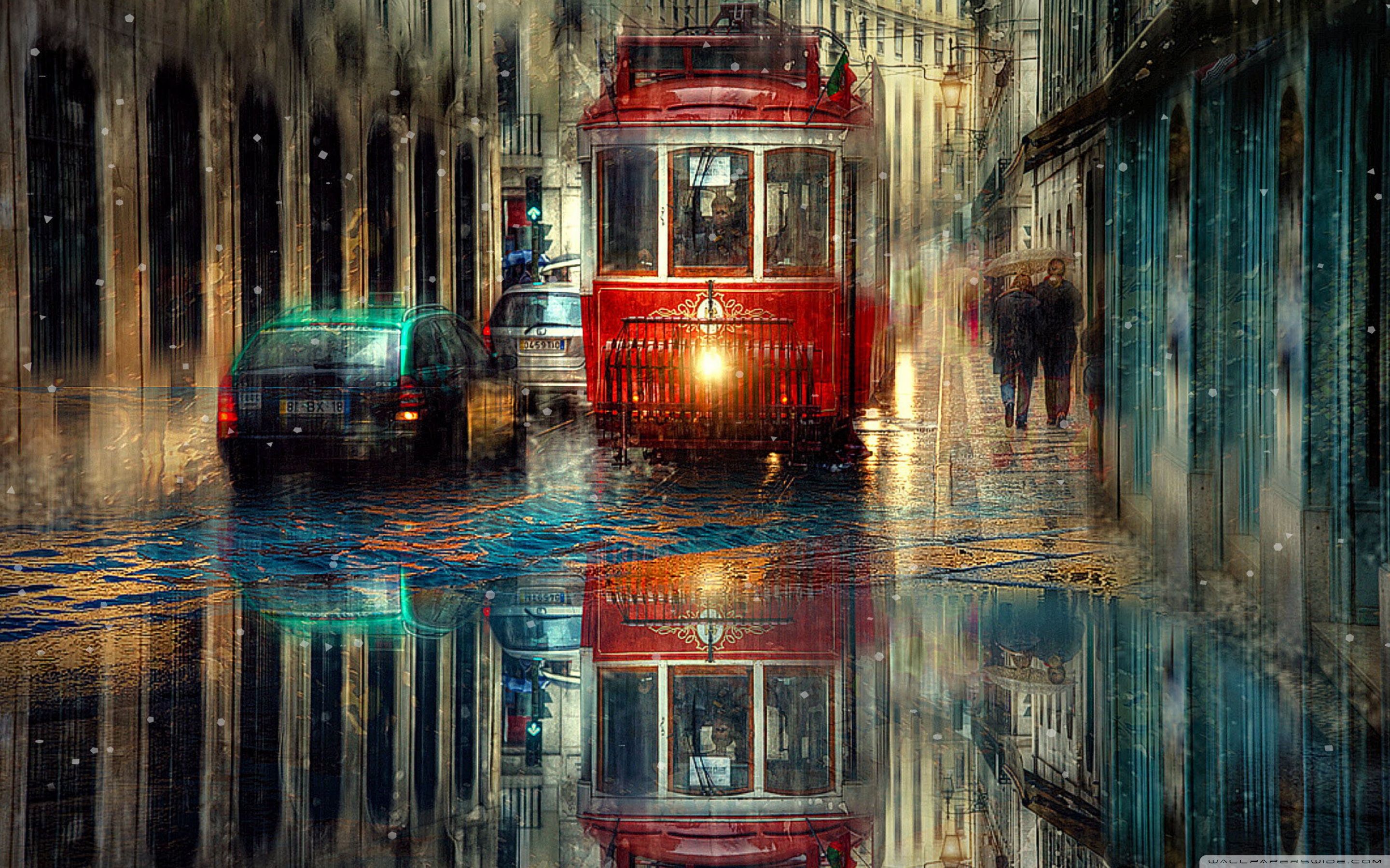 Tram rosso strada piovosa, 2880x1800 2K, Desktop