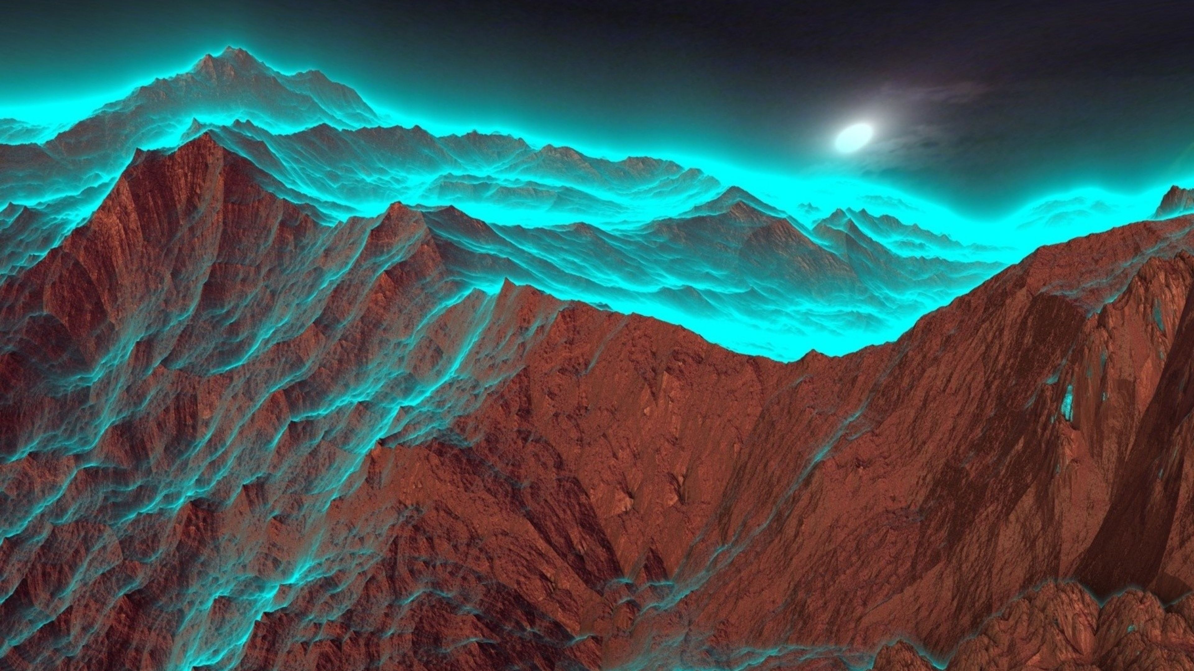 Montagne rosse con nebbia turchese, 3840x2160 UHD, PC 4K