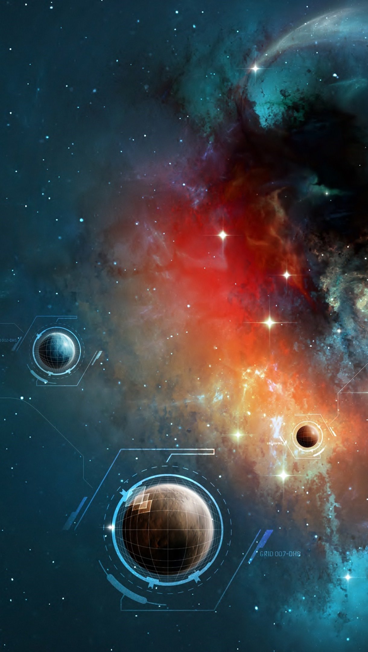 Nebulosa spaziale con pianeti, 1220x2160 Full HD Verticale, Smartphone