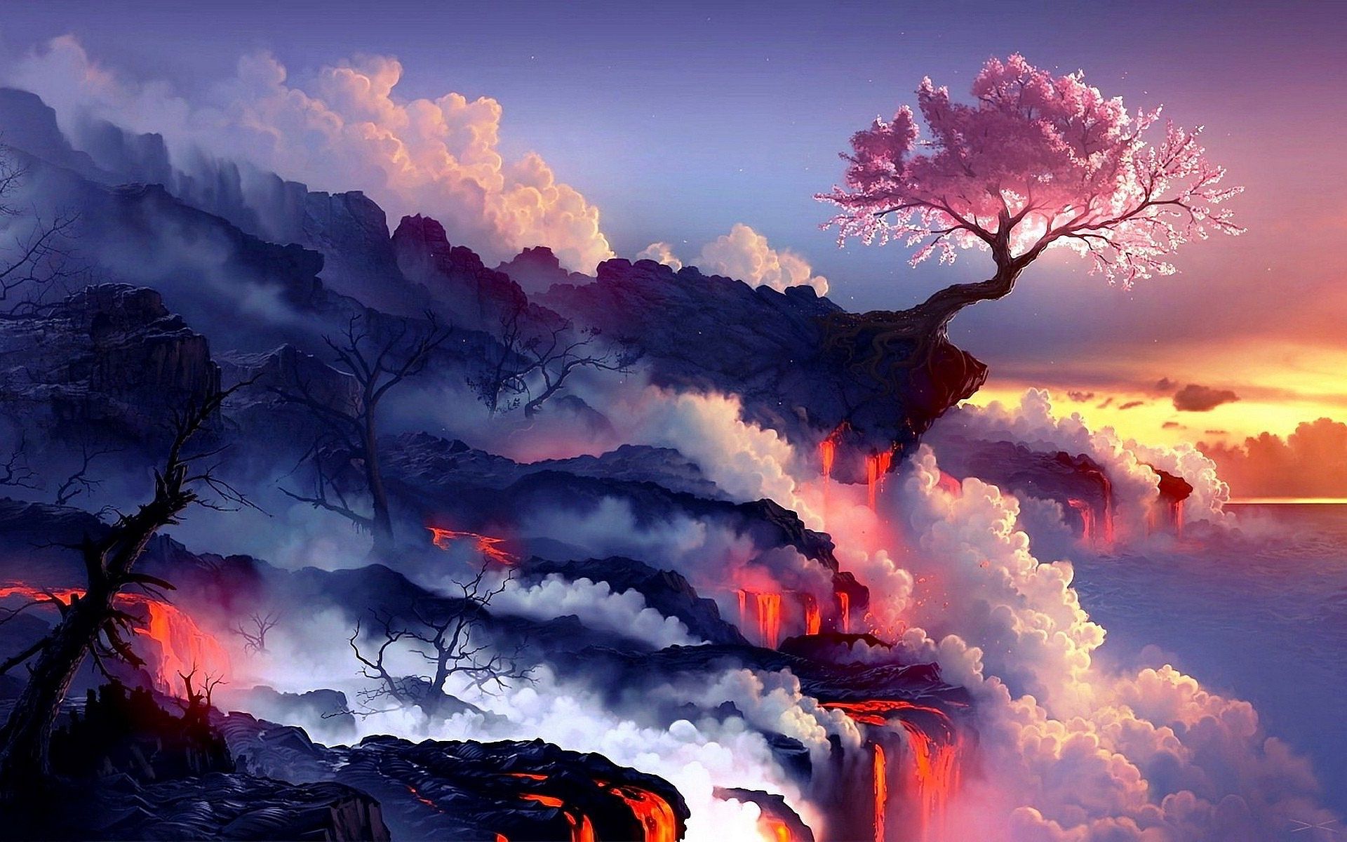 Albero fiori ciliegio lava fumo, 1920x1200 WUXGA, Desktop