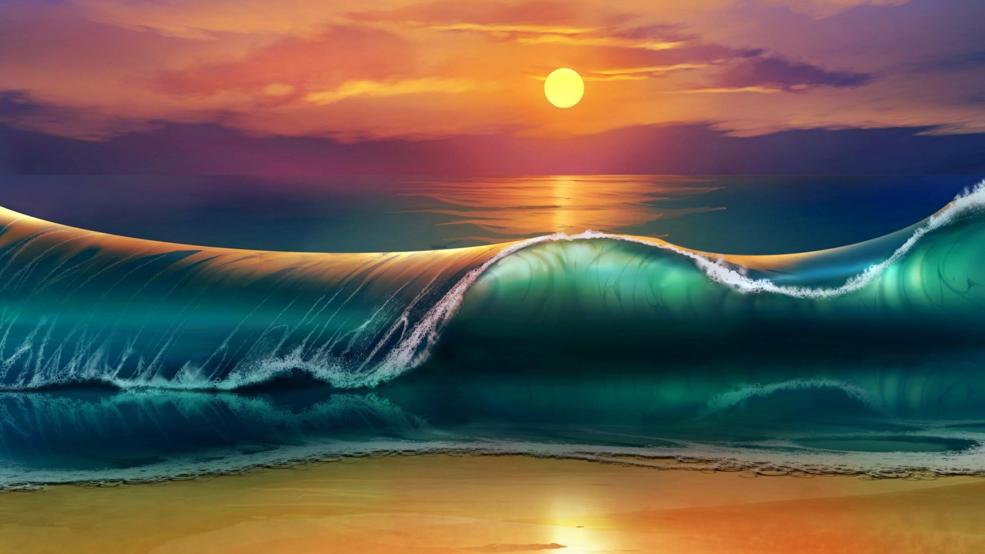Tramonto onde spiaggia mare, 1920x1080 1080p, Desktop