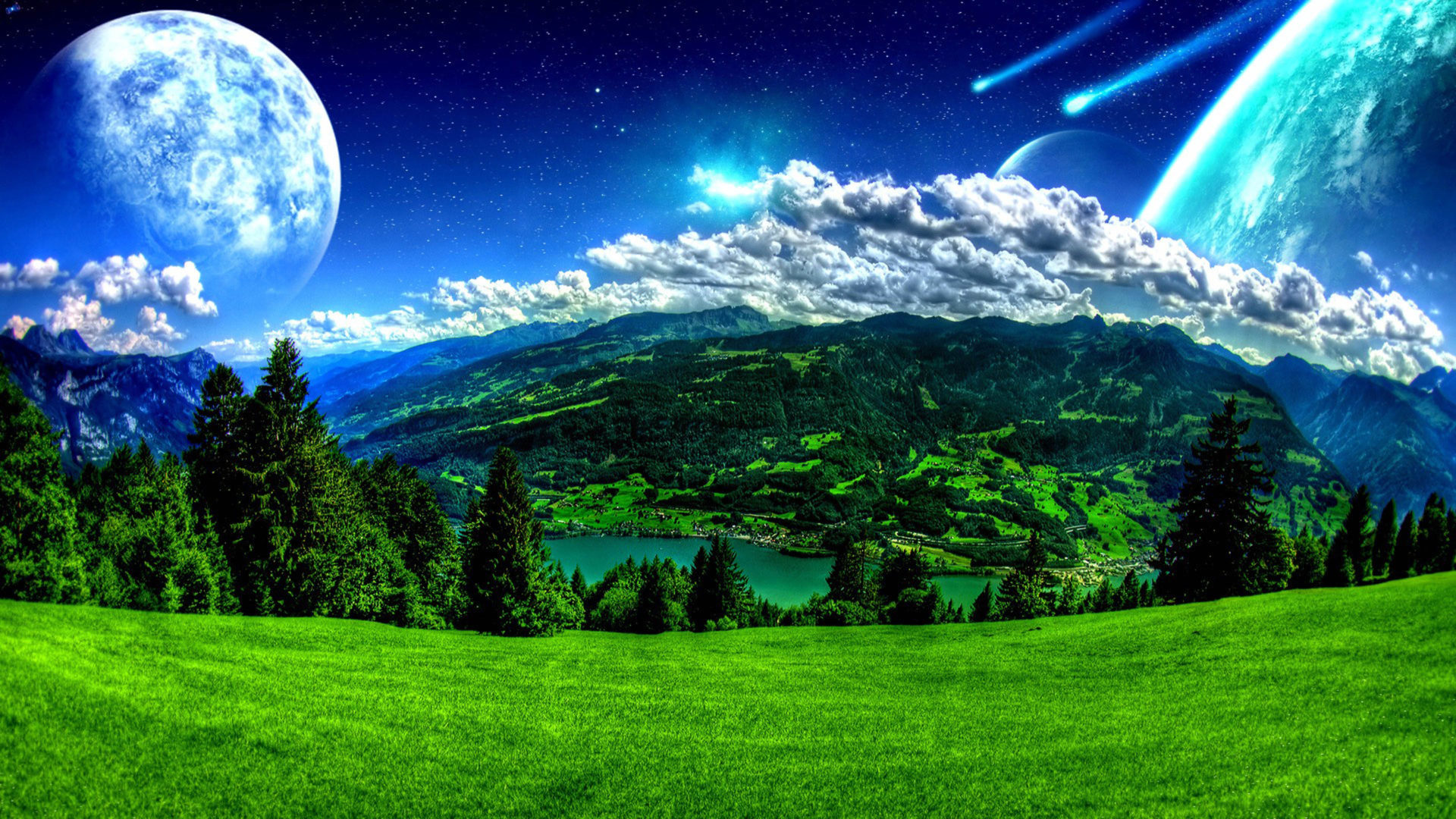 Paesaggio fantasy con pianeti, 1920x1080 Full HD, Desktop
