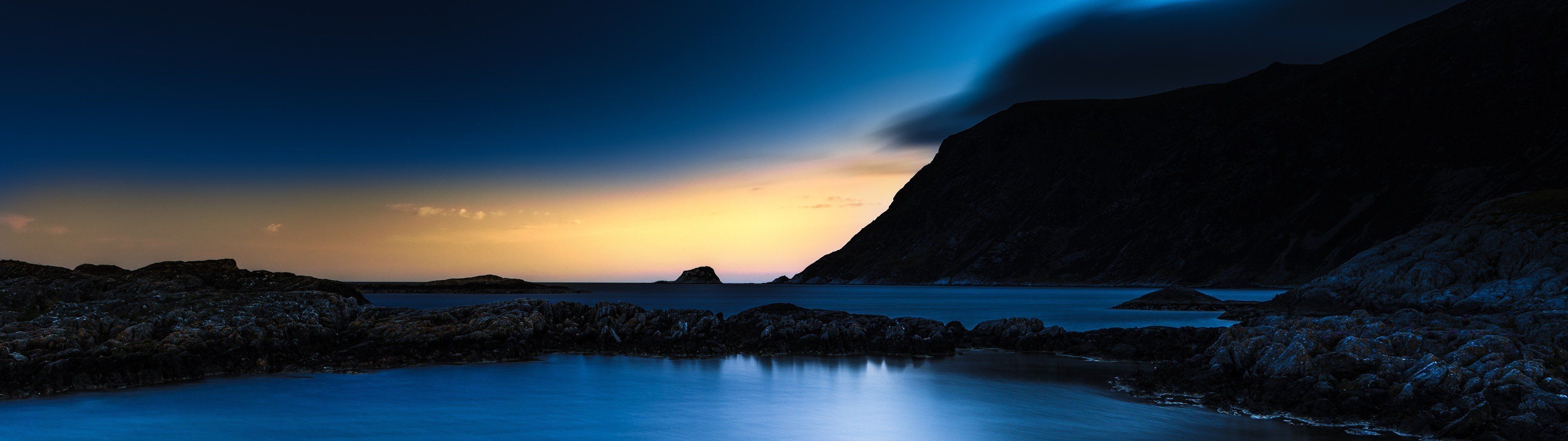 Costa al tramonto, cielo scuro, 3840x1080 21:9, Ultrawide
