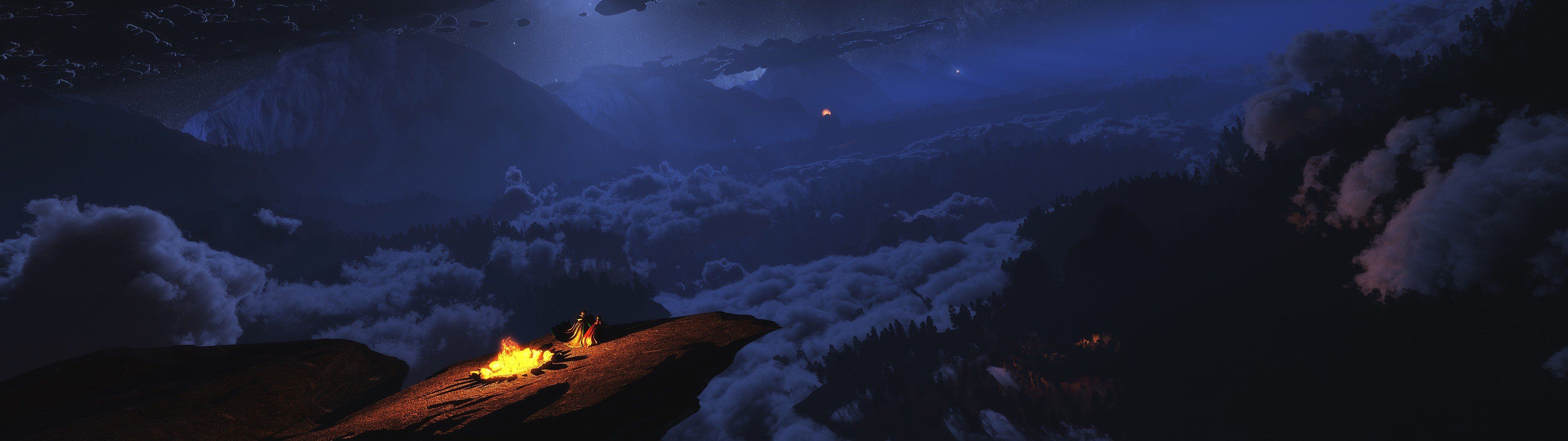 Falò su scogliera notturna, 3840x1080 Ultrawide, Dual Monitor