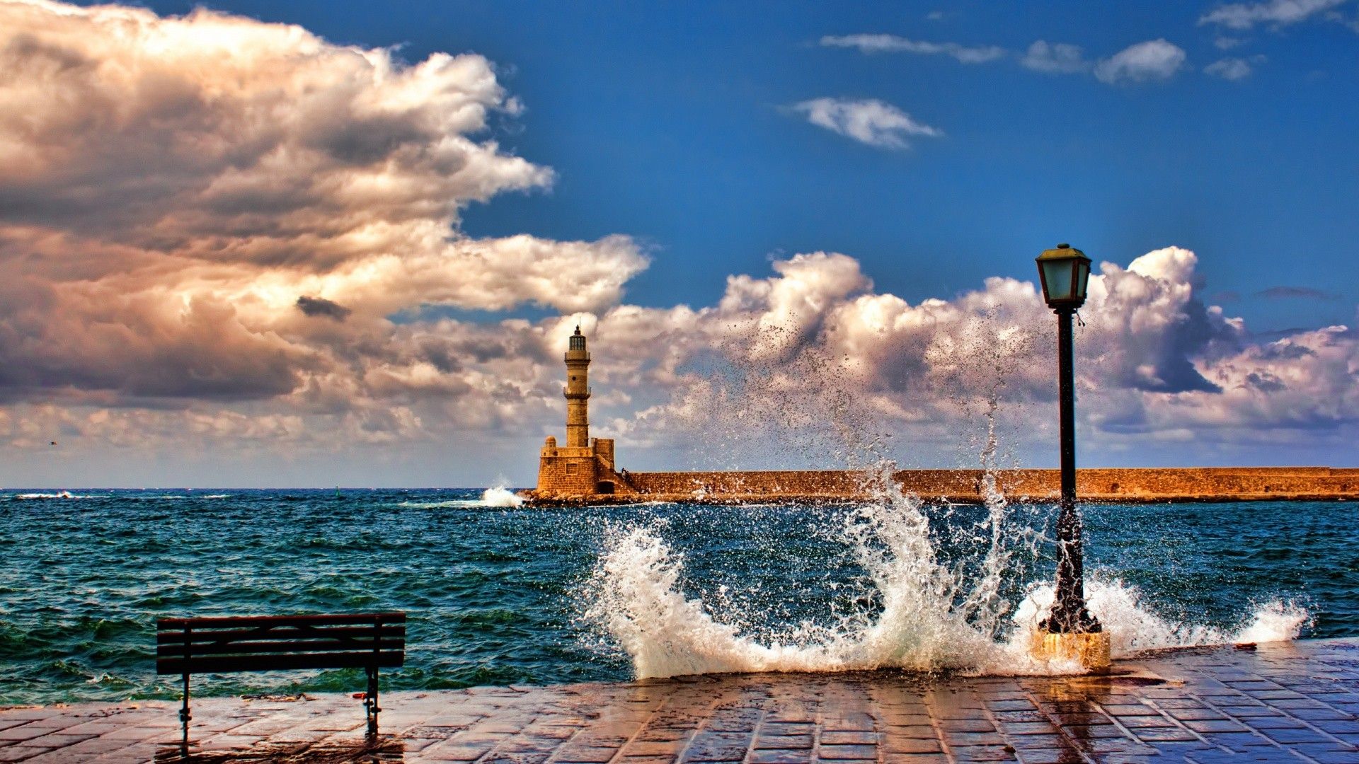 Faro molo mare tempesta, 1920x1080 Full HD, Laptop