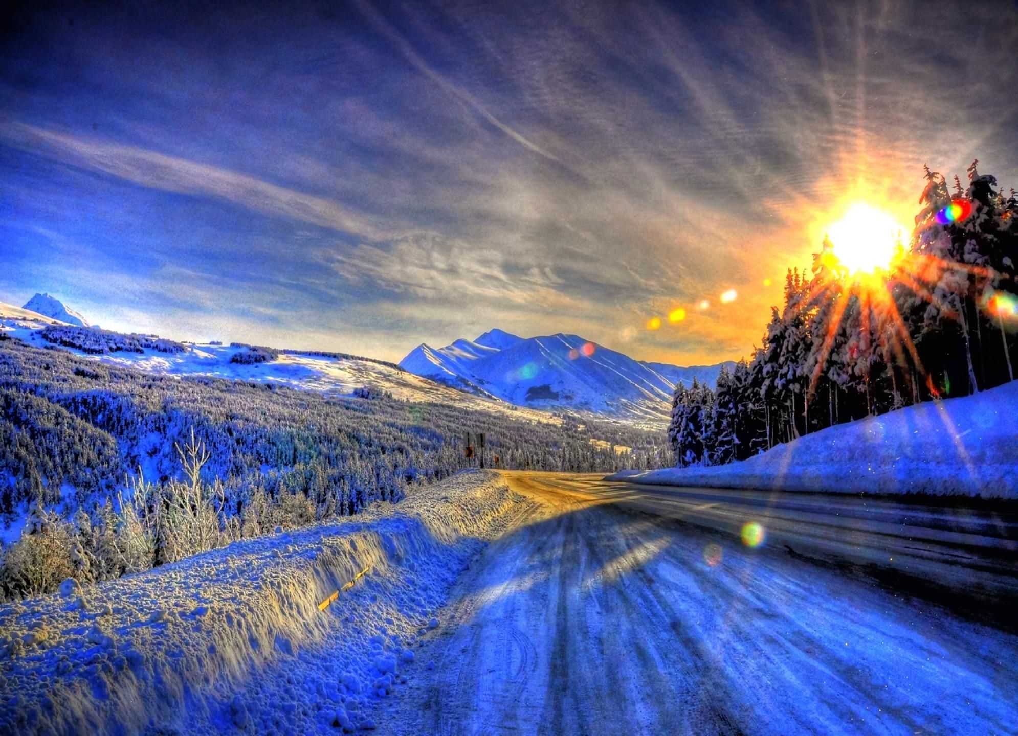 Strada innevata al tramonto, 1990x1440 Full HD+, Desktop