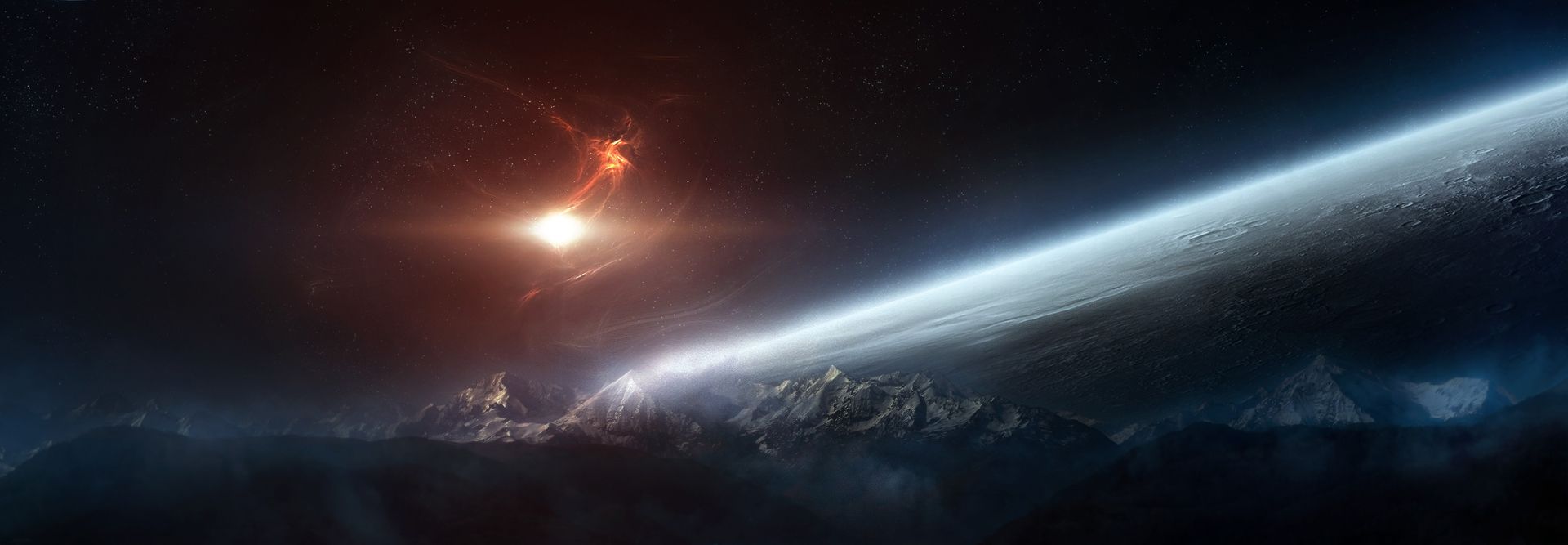 Meteorite impatto spaziale notturno, 1920x667 Panoramico, Dual Screen