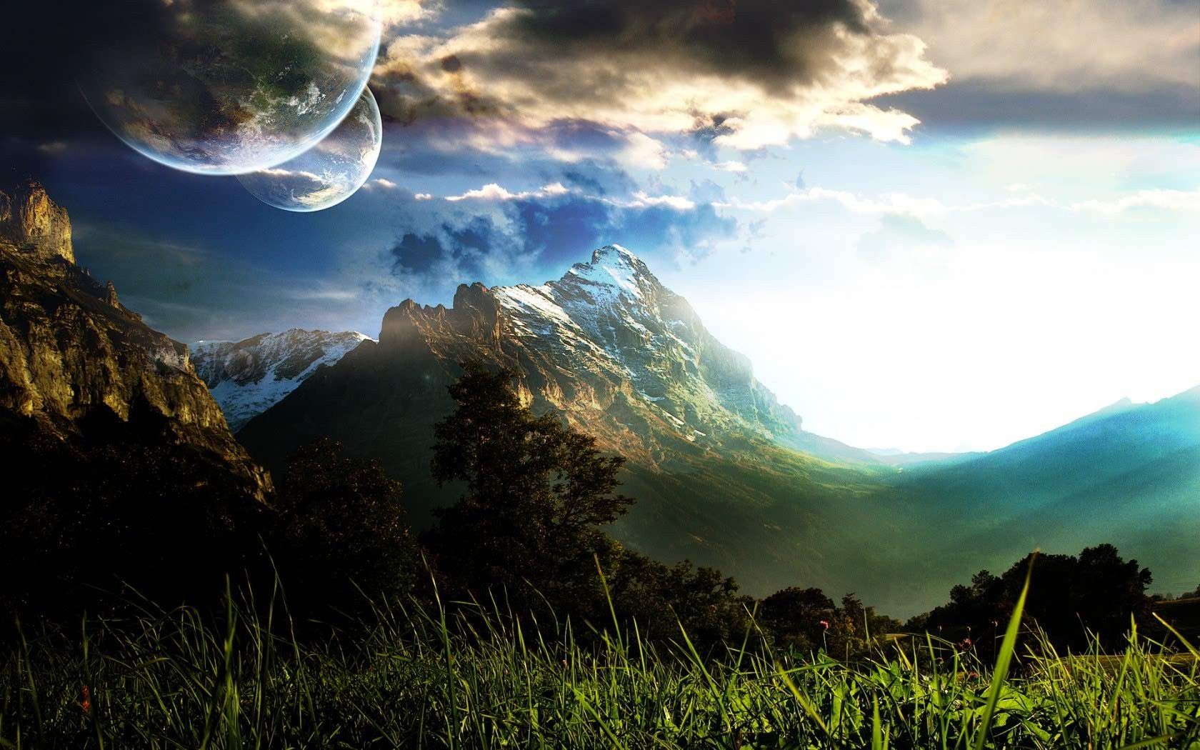 Montagne fantasy con pianeta, 1680x1050 900p, Laptop