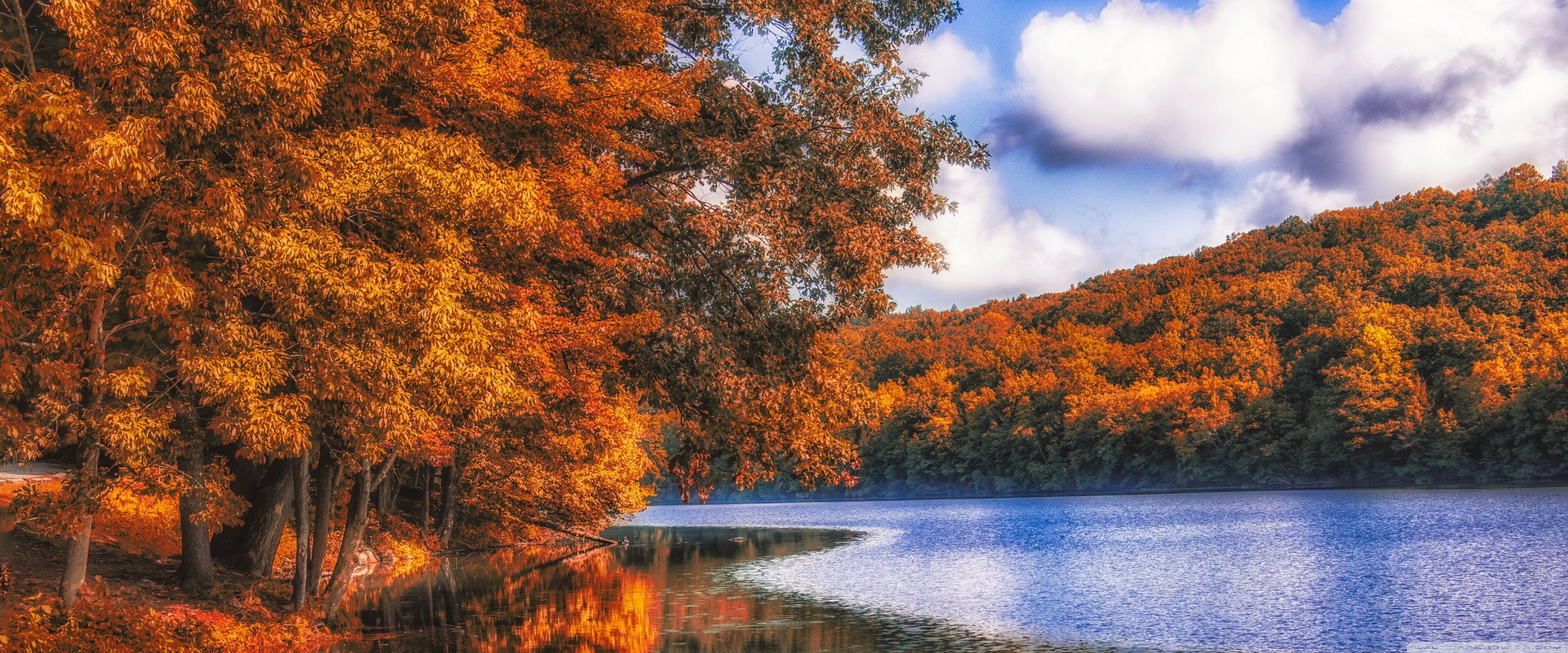Lago autunnale con alberi arancioni, 3840x1600 Ultrawide, Dual Monitor