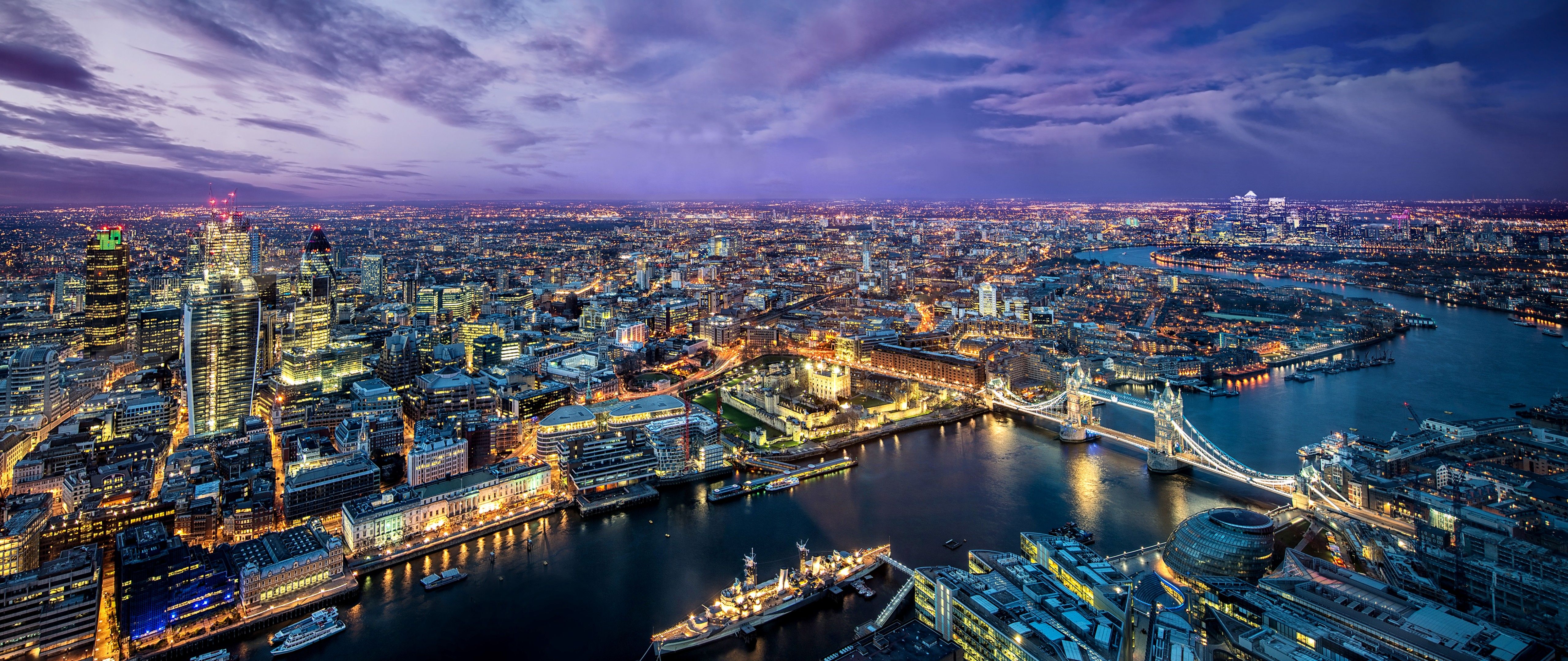Londra vista aerea notturna, 5120x2160 21:9, Ultrawide