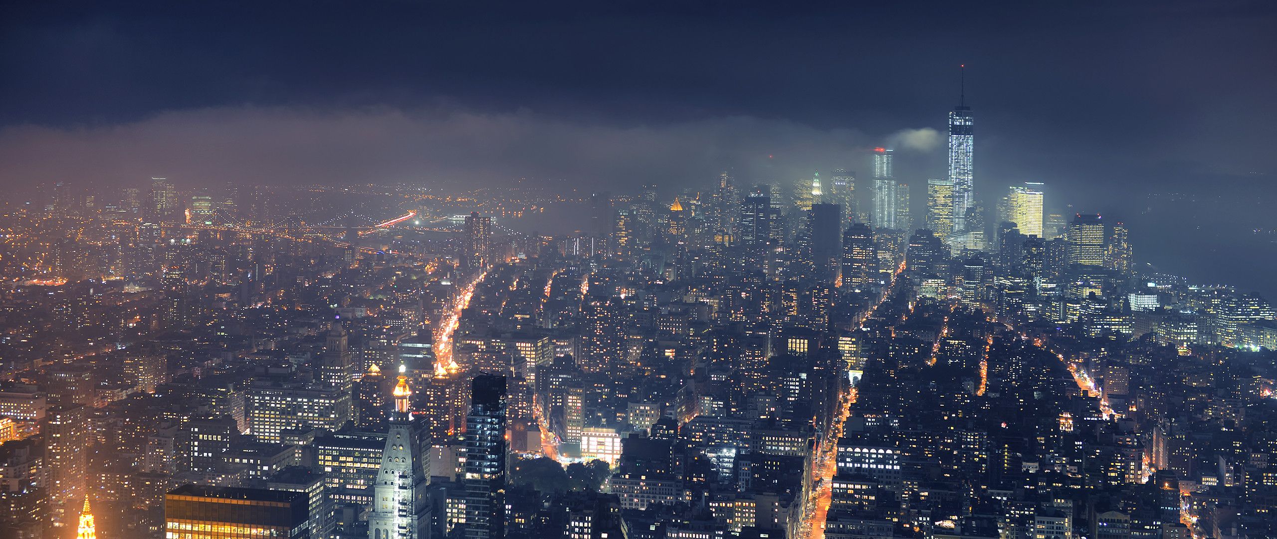 Città vista notturna nebbia, 2560x1080 Ultrawide, Dual Monitor