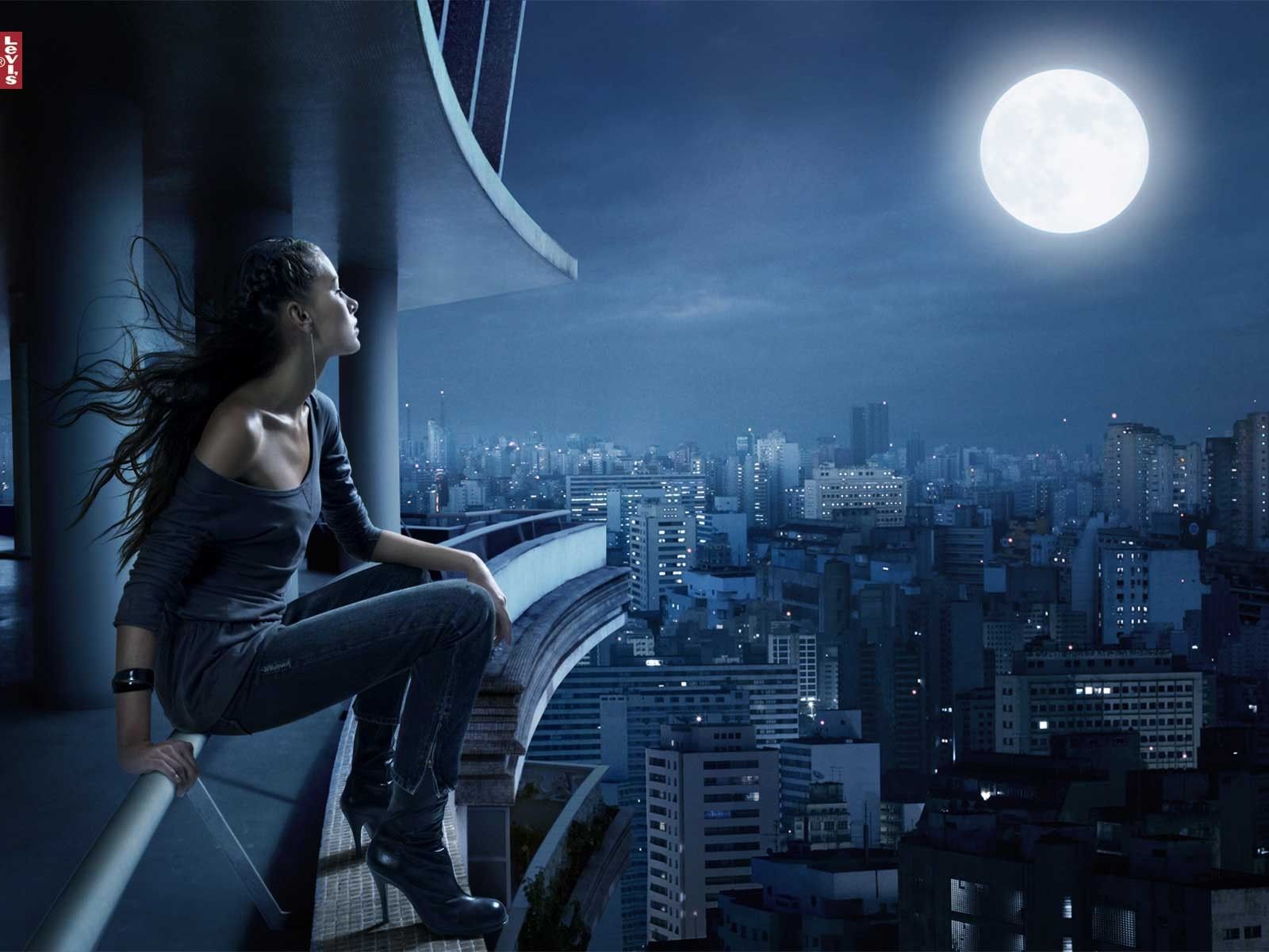 Donna seduta grattacielo notte, 1600x1200 HD, Desktop
