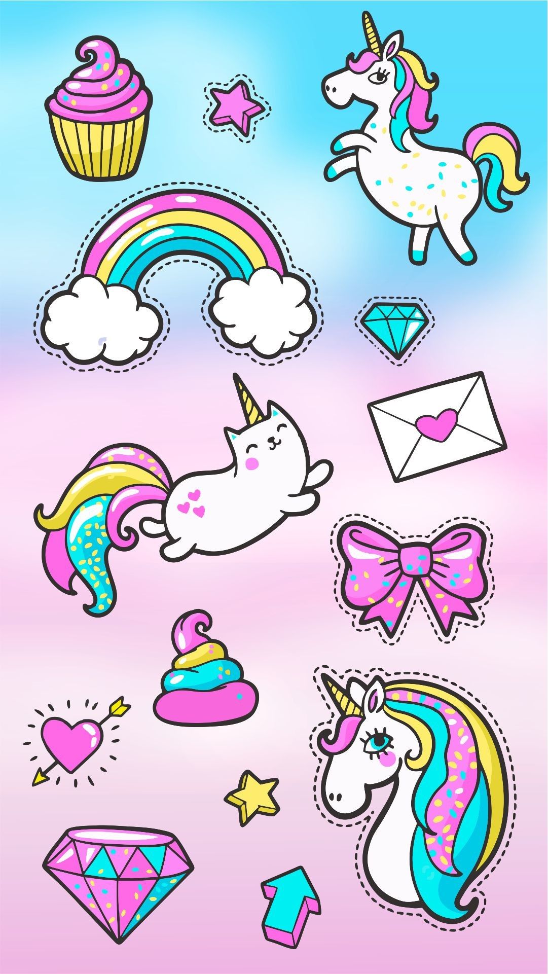 Unicorni cartoon arcobaleno adesivi, 1081x1921 Full HD Verticale, Smartphone