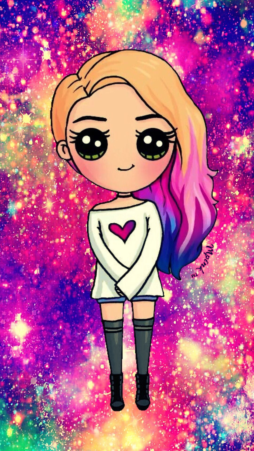 Ragazza cartoon capelli galassia, 1080x1920 Full HD Verticale, iPhone