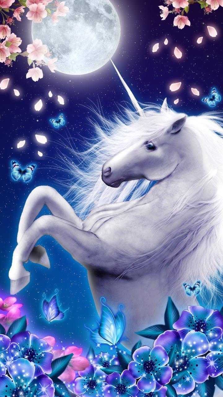 Unicorno bianco luna fiori, 720x1280 Verticale, Mobile