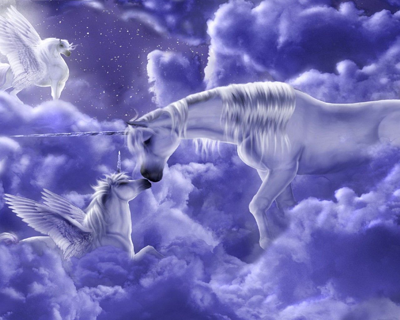 Unicorni bianchi tra nuvole viola, 1280x1024 HD, Desktop