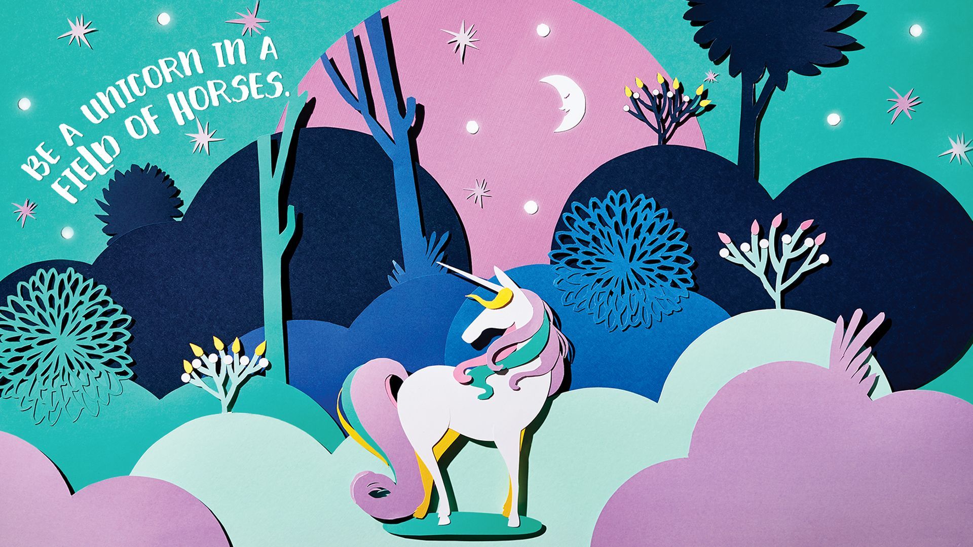 Unicorno paper-art tra colline, 1920x1080 Full HD, PC