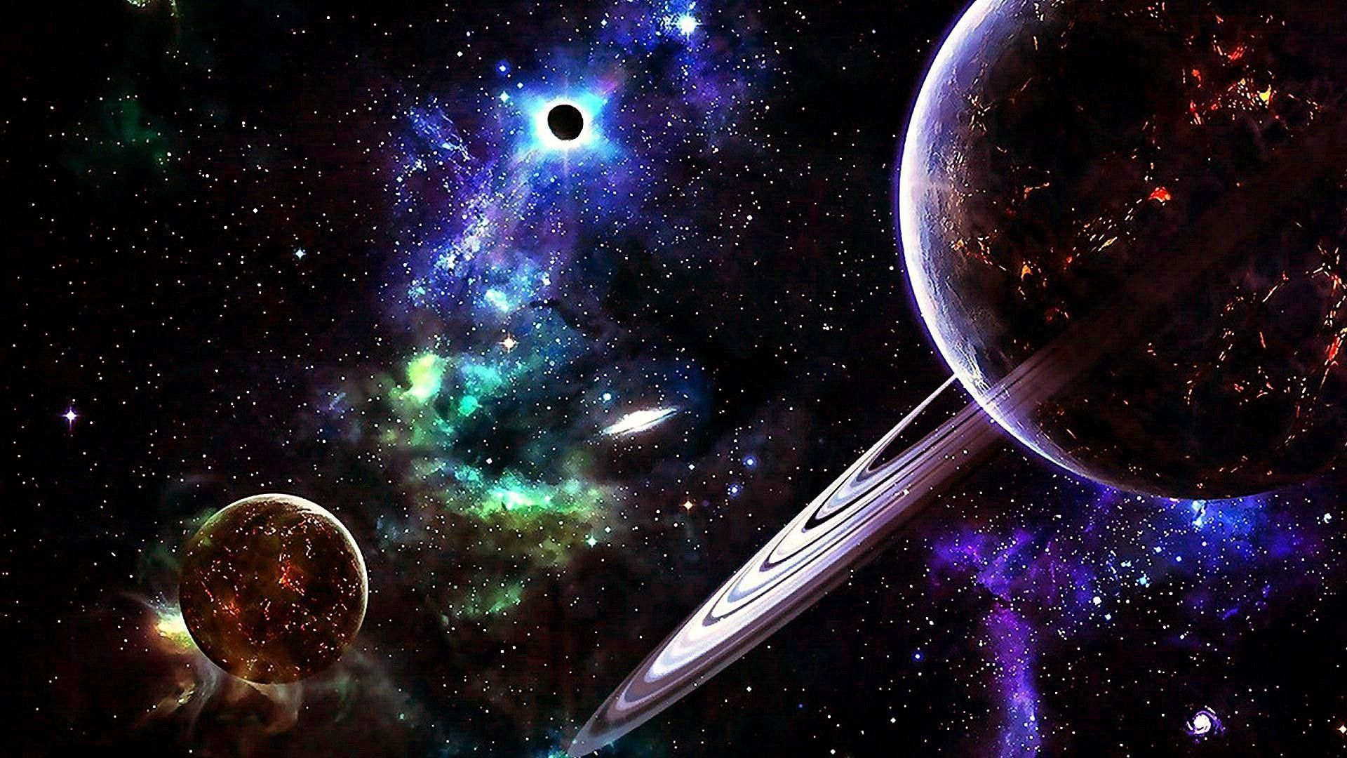 Pianeti con anelli e nebulosa, 1920x1080 Full HD, Desktop
