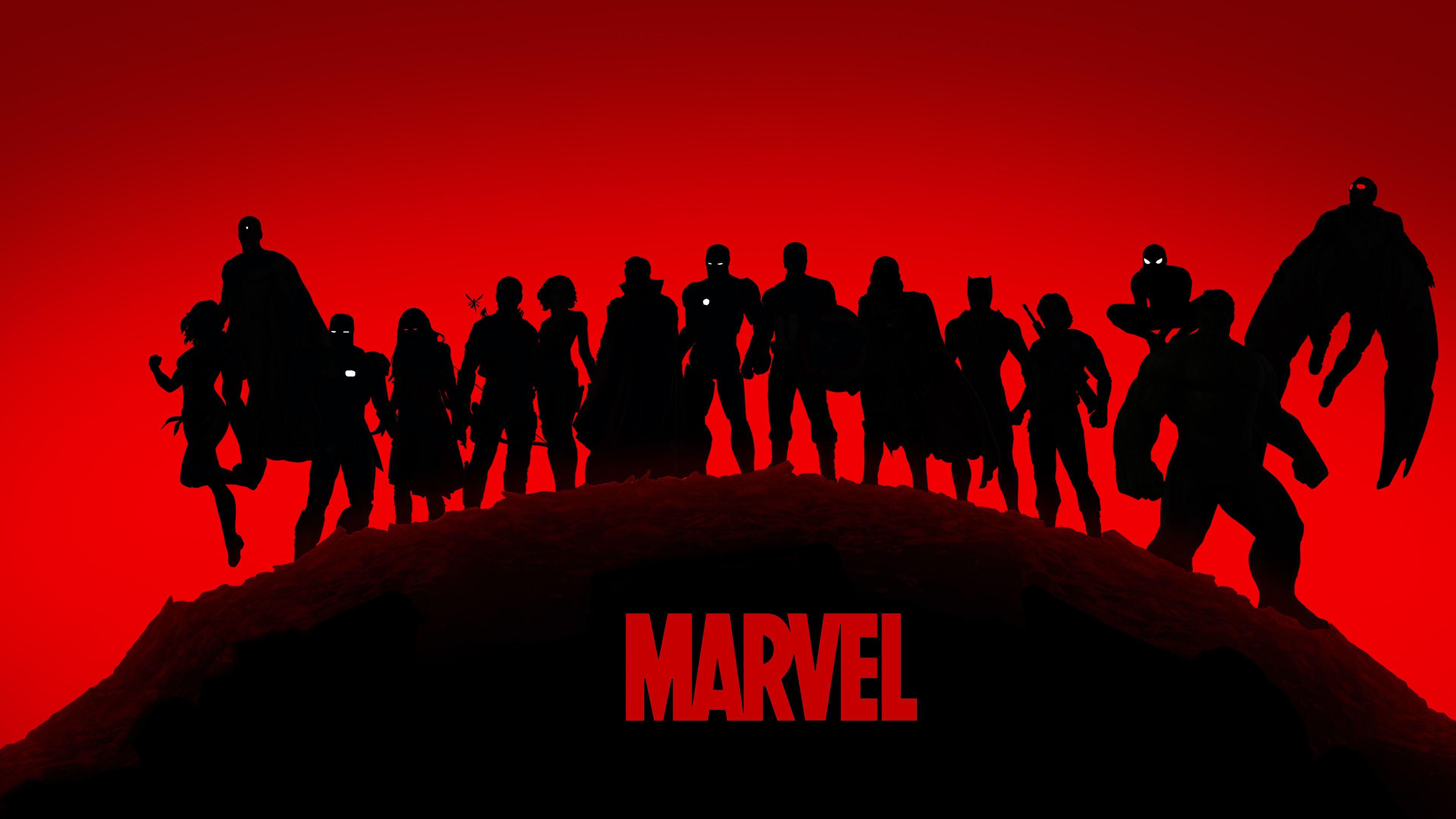 Silhouette eroi Marvel sfondo rosso, 3840x2160 UHD, Monitor Gaming
