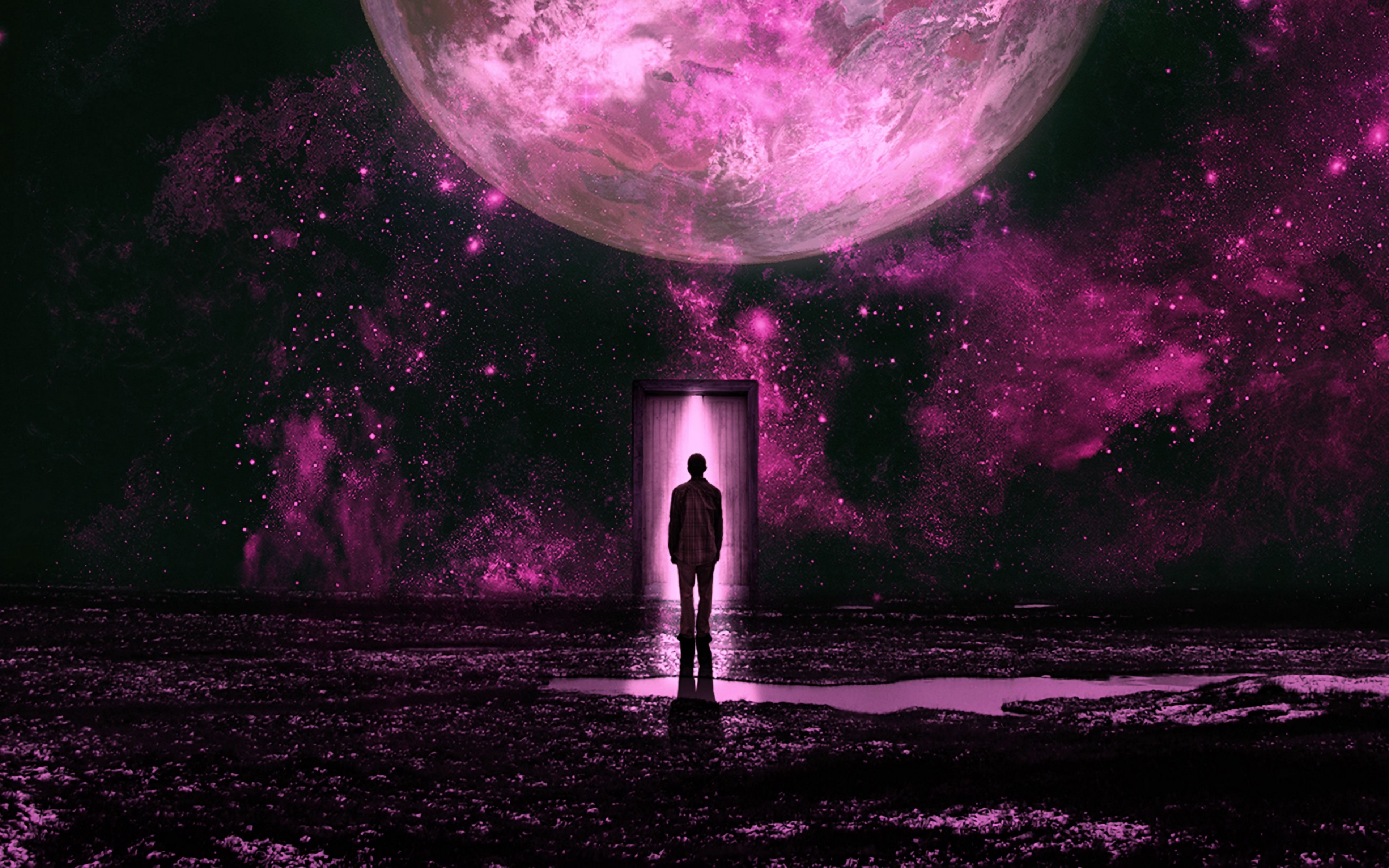 Silhouette uomo portale luna rosa, 3840x2400 Ultra HD, 4K TV