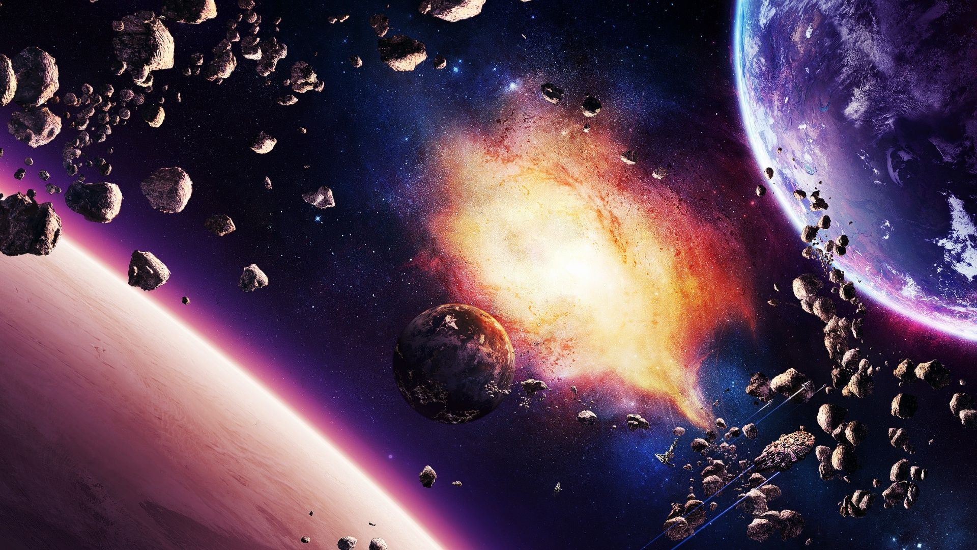 Esplosione spaziale con pianeti e asteroidi, 1920x1080 Full HD, PC Desktop