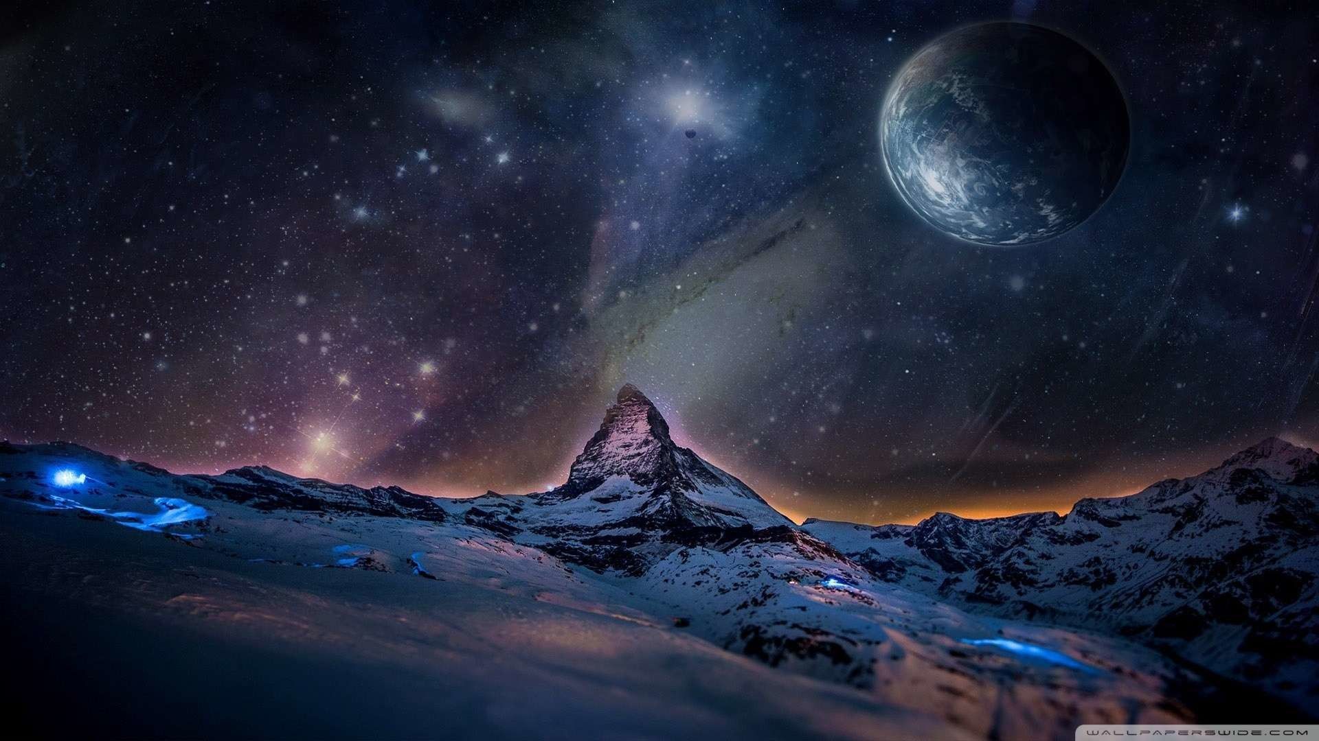 Montagna innevata con pianeta e stelle, 1920x1080 1080p, PC Desktop