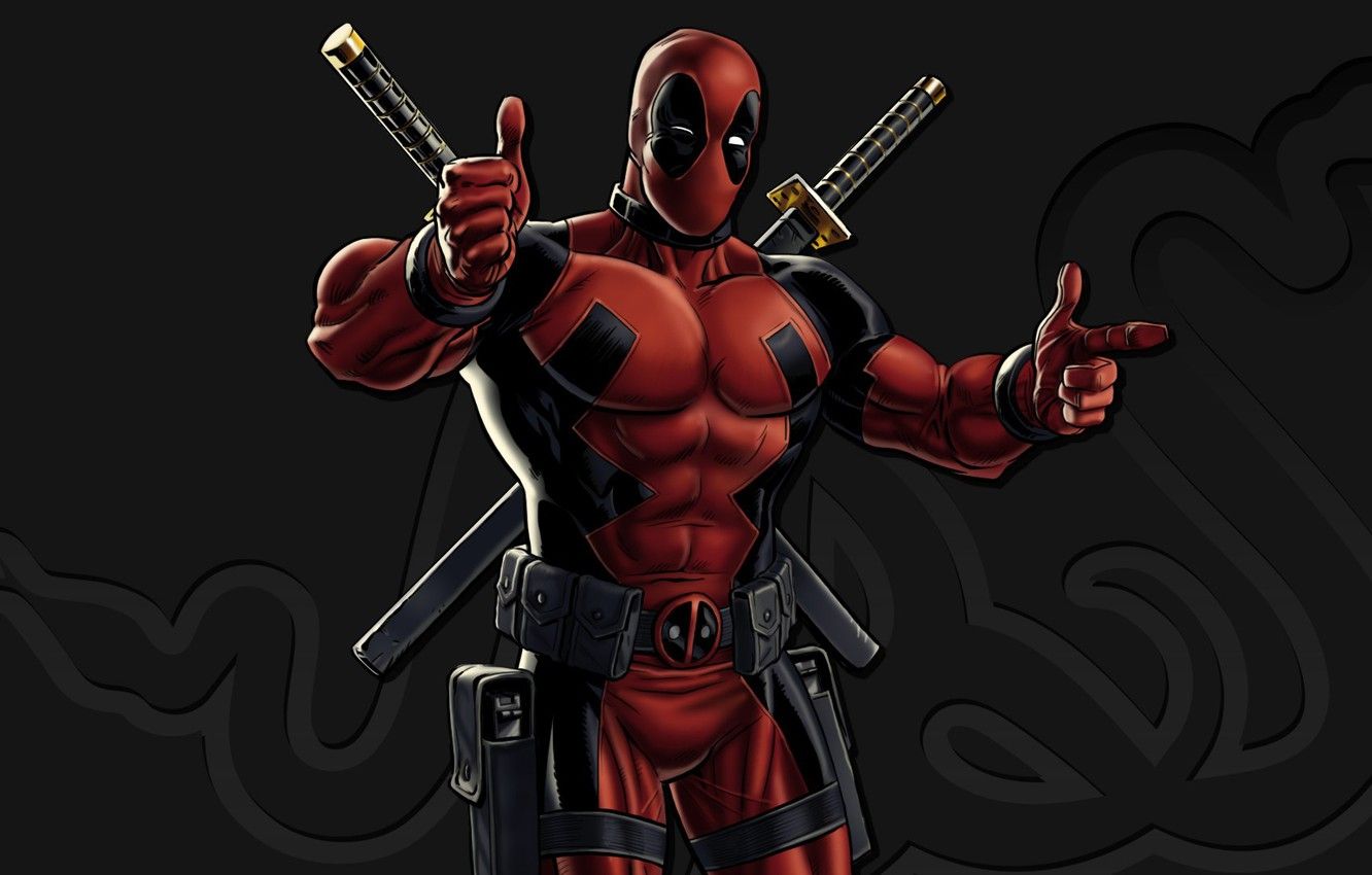 Deadpool con katane sfondo scuro, Marvel, 1332x850 HD, Desktop