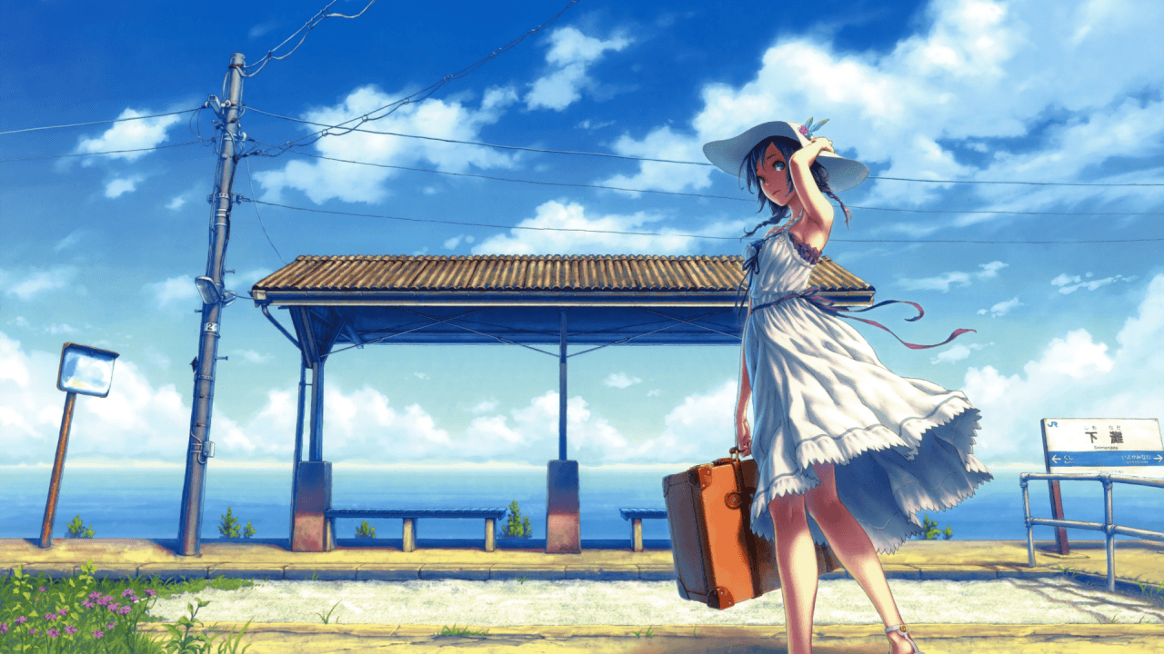 Ragazza con valigia fermata bus, 1280x720 720p, Laptop