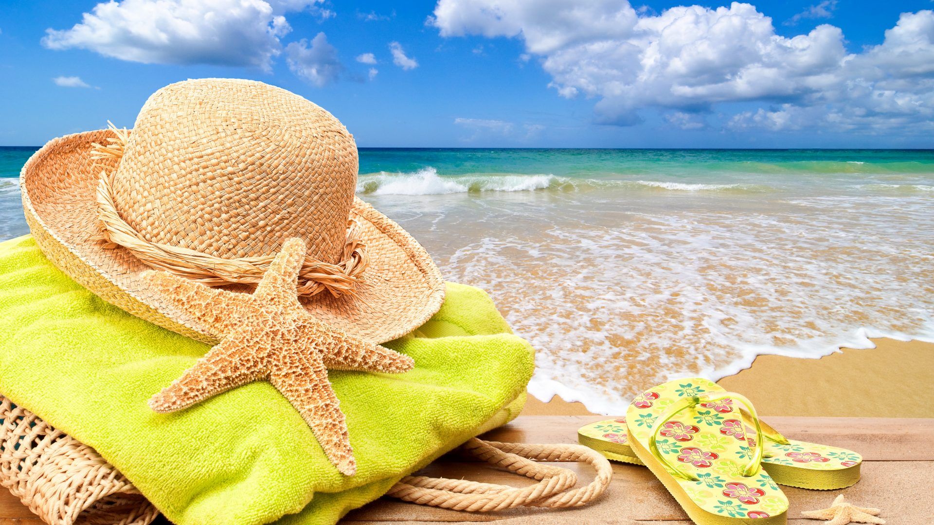 Cappello di paglia e stella marina spiaggia, 1920x1080 Full HD 1080p, PC