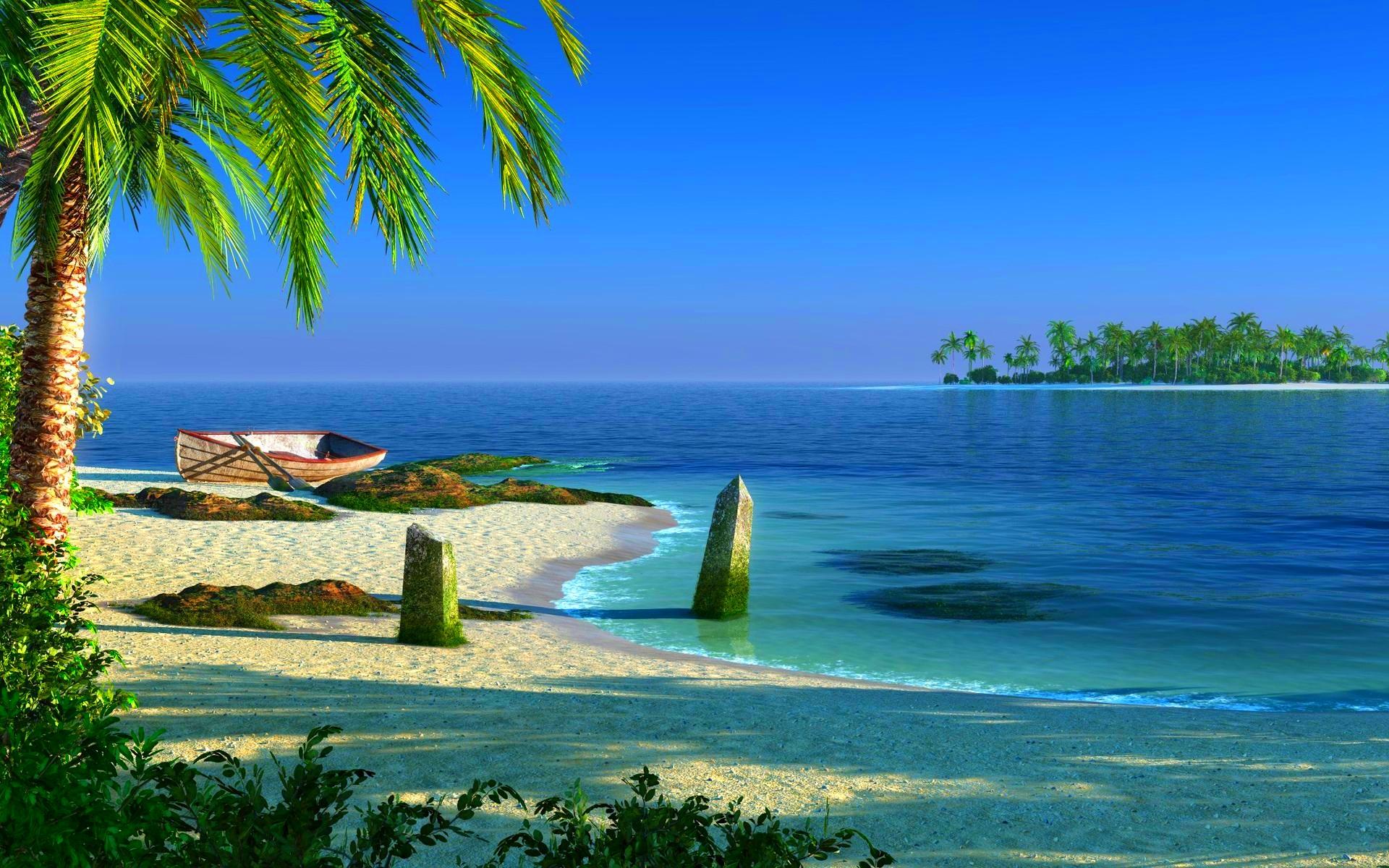 Spiaggia tropicale con palme e barca, 1920x1200 Full HD+ WUXGA, Laptop