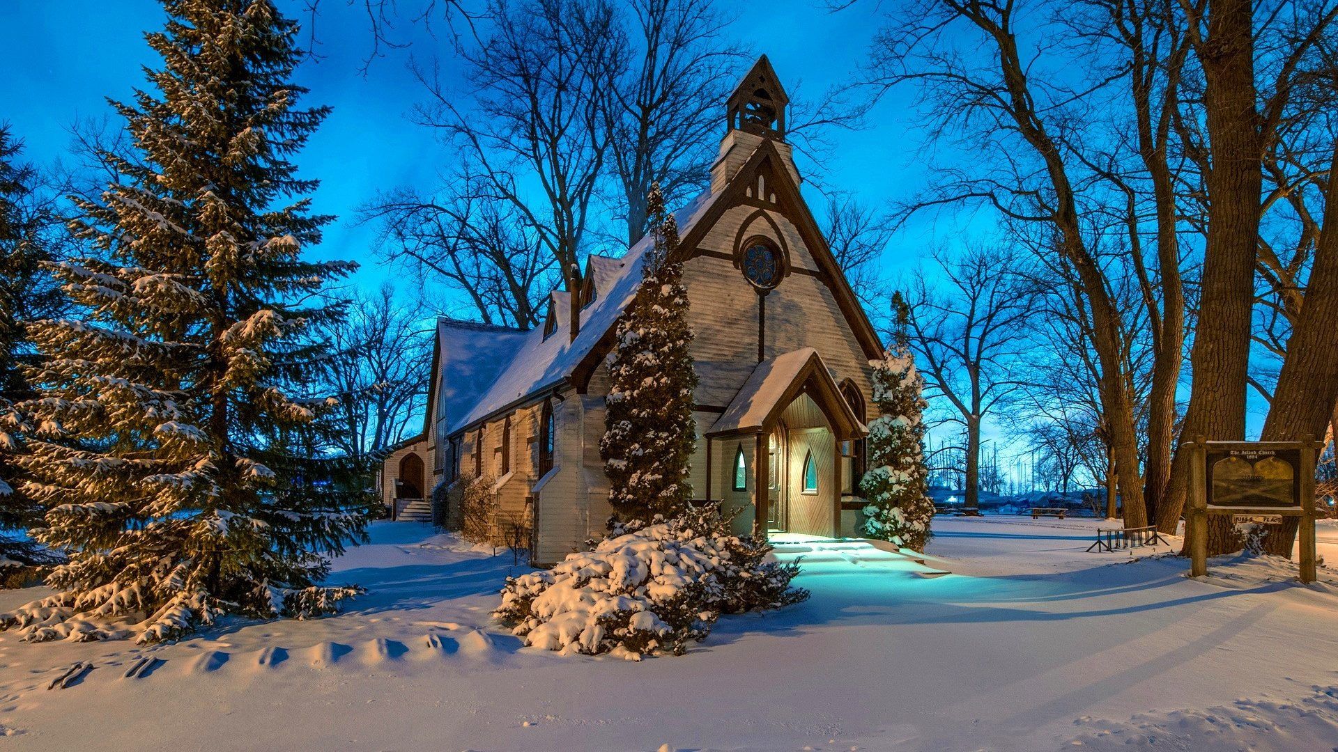 Chiesa innevata inverno notte, 1920x1080 Full HD 1080p, Desktop