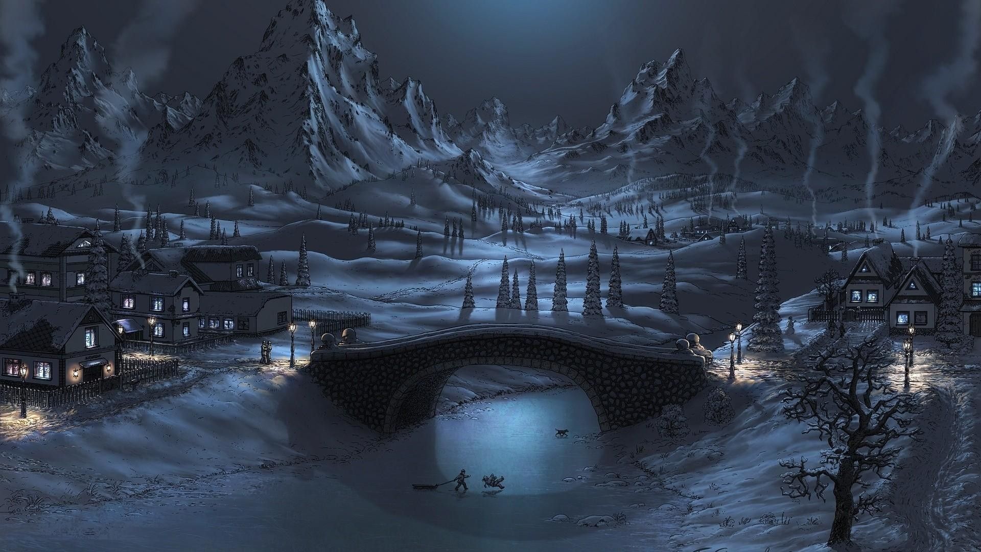 villaggio innevato notturno con ponte, 1920x1080 1080p, Laptop