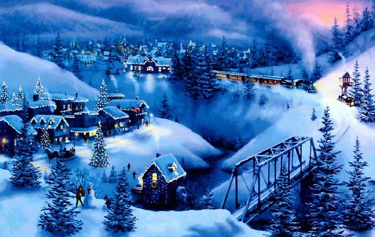 villaggio innevato con treno, 1426x900 720p, Laptop
