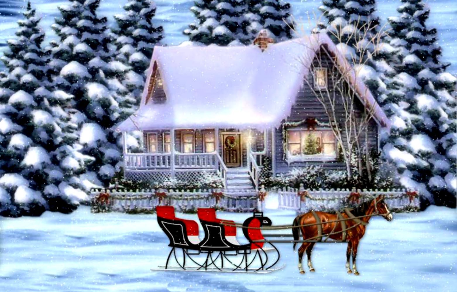 Slitta trainata da cavallo, casa innevata, 1562x997 720p, Laptop