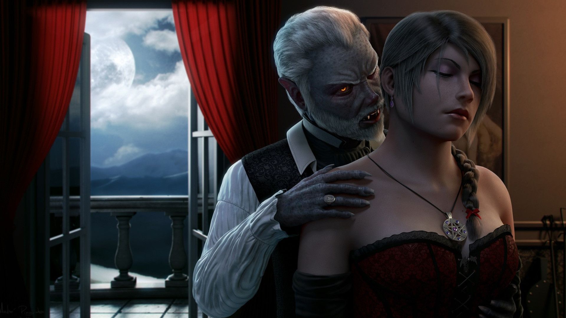 Vampiro e donna abito rosso, 1920x1080 Full HD 1080p, Desktop