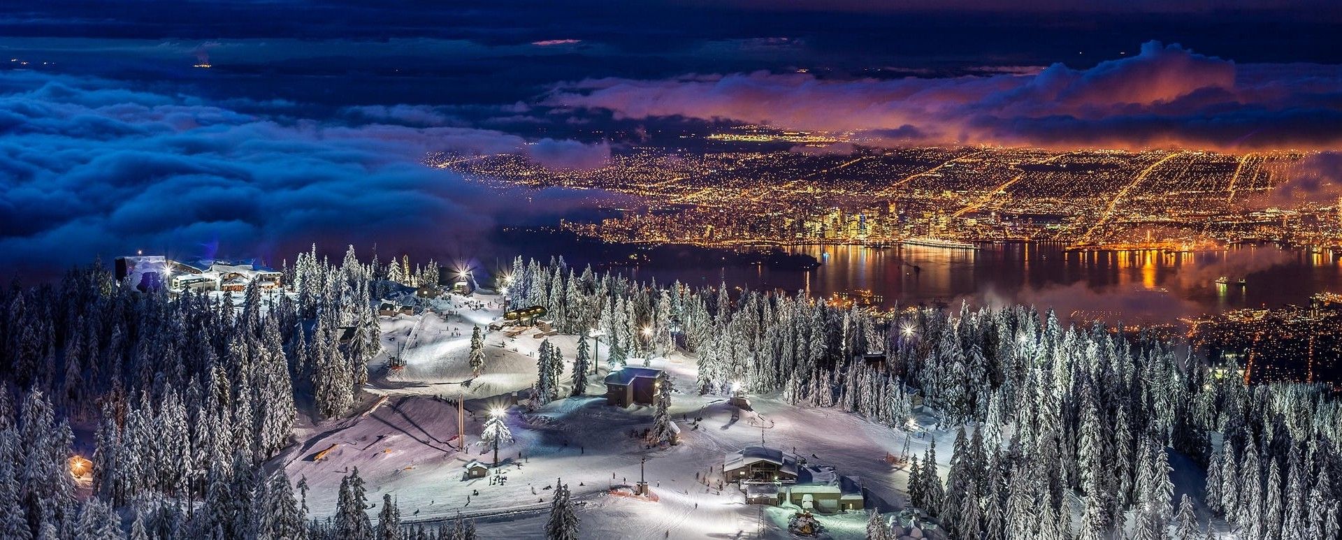 Vancouver skyline notturno inverno, 1920x773 Panoramico, Dual Screen