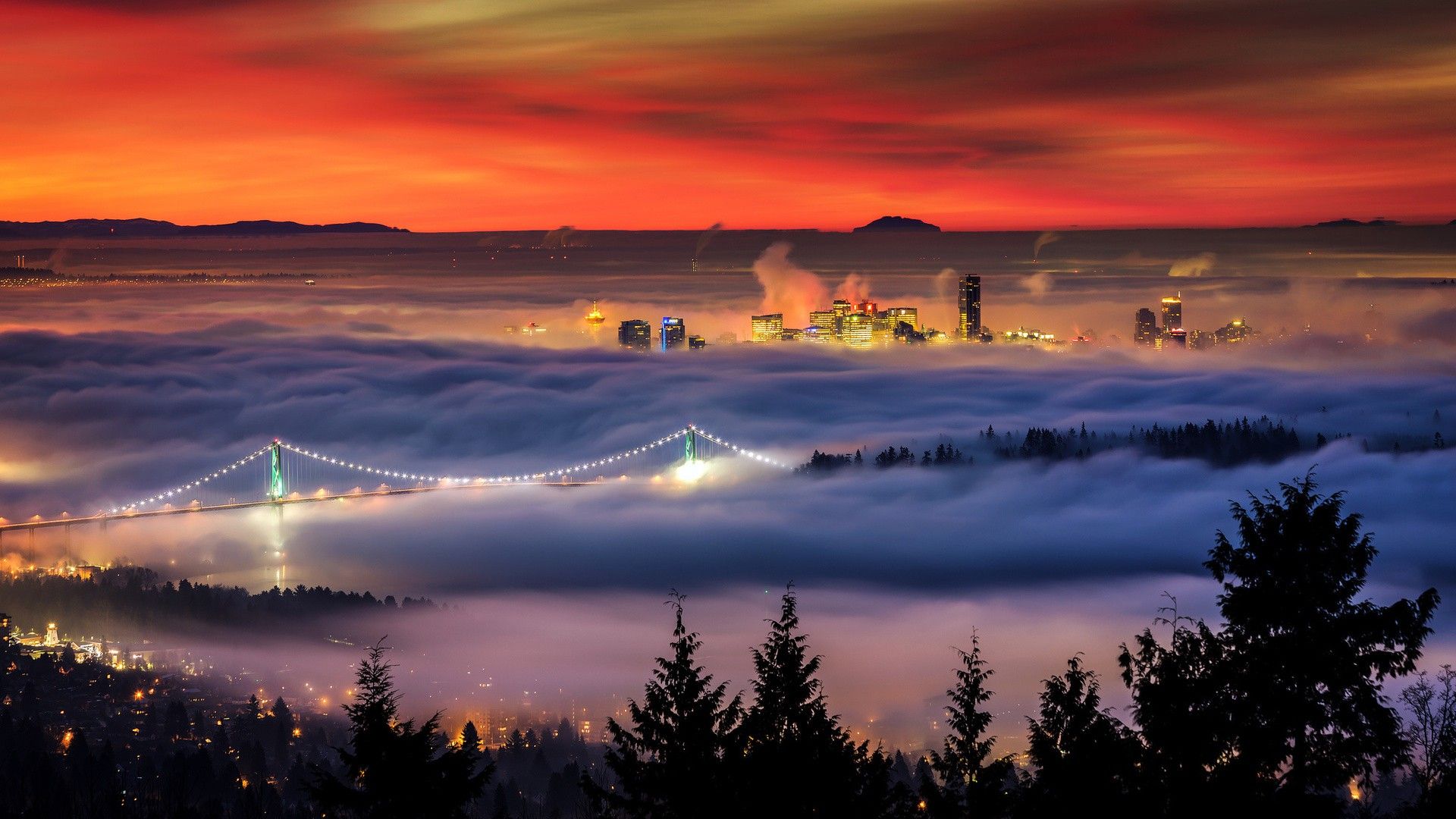 Vancouver skyline nebbia tramonto, 1920x1080 Full HD, Desktop