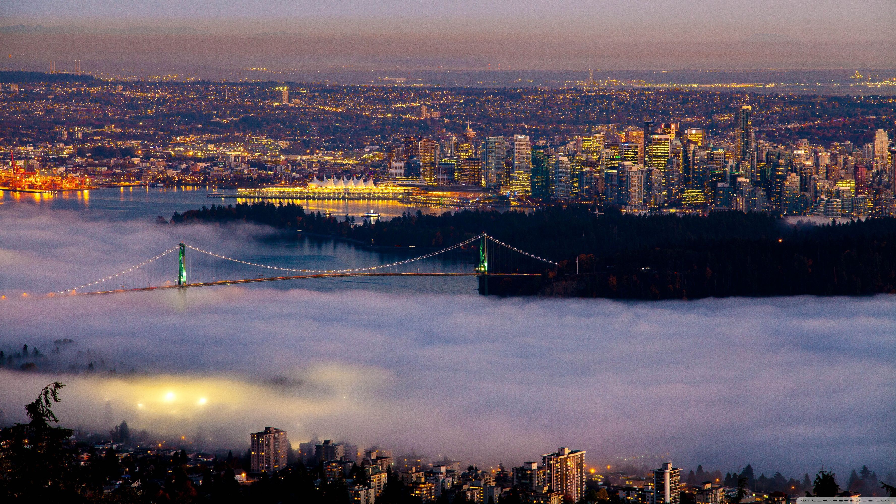 Vancouver skyline con nebbia notturna, 3554x1999 WQXGA, Desktop